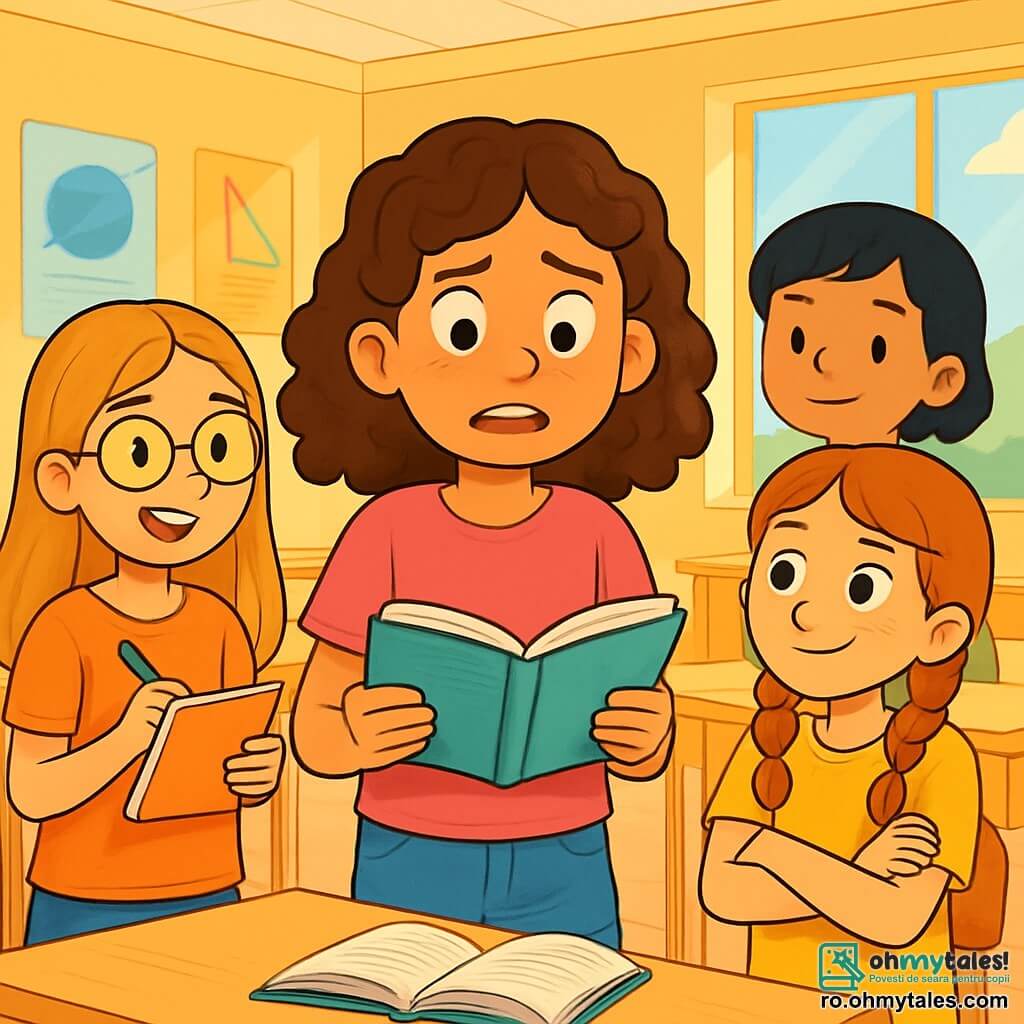 Există 4 copii: Mia, o fetiță de 11 ani cu părul creț și ochi strălucitori, poartă un tricou roz și un șort din denim, stând în centru, puțin nervoasă, ținând o carte deschisă; Elena, o fetiță de 11 ani cu părul lung și drept, blond și ochelari rotunzi, este în stânga lui Mia, zâmbitoare, cu un carnet și un pix în mână, pregătită să ia notițe; Sara, o fetiță de 11 ani cu părul roșcat împletit și pistrui, se află în dreapta lui Mia, cu brațele încrucișate, având o expresie curioasă și entuziastă; Ana, o fetiță de 11 ani cu părul scurt și negru, zâmbitoare, stă puțin mai în spate, observându-și prietenele cu bunătate. Acțiunea are loc într-o clasă luminoasă, cu pereți galbeni pastel și postere colorate, iar birourile din lemn sunt aranjate în semicerc. O fereastră mare lasă să intre lumina soarelui, iluminând fețele copiilor. Povestea o arată pe Mia, înconjurată de prietene, dezvăluind că a mințit despre o presupusă descoperire a unui tezaur, iar expresiile lor variază între surpriză, curiozitate și înțelegere, în timp ce o carte deschisă pe masă simbolizează adevărul care iese la iveală.