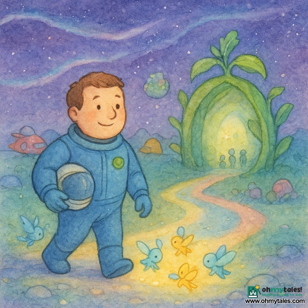 Dr. Leo, smiling but focused, round-faced with short brown hair, in a blue spacesuit with a green badge, holds his helmet under his arm and walks forward calmly with bright eyes and a reassured posture; tiny yellow-and-blue winged creatures the size of a fist flutter at his feet emitting soft light and leading him to a large open-portal plant; other varied travelers and colorful ships rest peacefully on the blue landing path while friendly silhouettes exchange seeds; the setting is the Cosmic Crossroads—four luminous paths (blue, yellow, pink, green) crossing a small floating planet lush with flowers and vines under a violet starry sky with ribbons of light, luminous stone ground and glittering mist; main scene: Leo finds his ship after a shimmering fog, follows the small creatures toward the plant-portal, showing courage and respect, in a soft pastel, grainy watercolor texture.