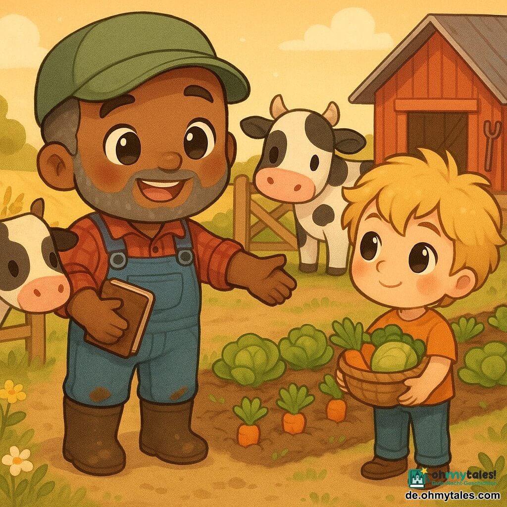 Ein lächelnder Landwirt mit rundem Gesicht, kurzer salt-and-pepper-Bart, glänzenden ausdrucksvollen Augen, grüner Stoffkappe, rot-blauem Karohemd, Jeans-Latzhose und schlammigen Stiefeln hält ein kleines braunes Notizbuch in einer Hand und zeigt mit der anderen aufmerksam und wohlwollend auf den Garten; rechts steht ein neugieriger neunjähriger Junge mit zerzaustem blondem Haar und rosigen Wangen, der einen Korb mit Gemüse hält, nahe den Reihen von Karotten; hinter dem Landwirt nahe dem Tor eines kleinen Schuppens steht eine schwarz-weiß gefleckte Kuh mit großen sanften Augen und geneigtem Kopf; Ort: Bauernhof am späten Nachmittag im goldenen Licht, fester Erdgrund, Wildblumen am Rand, ordentliche Reihen von Salat und Karotten, rote Holzhütte mit Blechdach, Werkzeuge an der Wand und ein kleiner Weizenacker im Hintergrund; Hauptsituation: der Landwirt erklärt dem Jungen ruhig und freundlich, wie man den Gemüsegarten pflegt, warme, beruhigende und lehrreiche Atmosphäre.