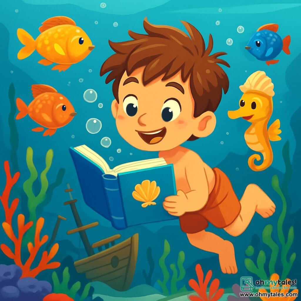 An 8-year-old boy with tousled hair and sparkling curious eyes joyfully swims underwater, holding a blue book with a shell on the cover. His face expresses wonder and excitement as he explores a magical underwater world. Beside him, a small seahorse named Sir Bubbles, with shiny golden color and a shell hat, floats with a smile, showing the way. The background features a colorful coral forest, with shimmering-scaled fish swimming around them, creating a vibrant and joyful atmosphere. The main scene shows the boy discovering an old sunken ship surrounded by swaying sea plants as he opens the book and releases magical bubbles that float in the water.
