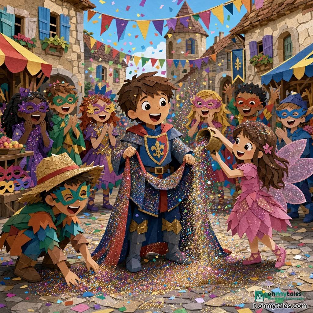 Un bambino di 10 anni, felice e stupito, capelli castani corti e occhi grandi, indossa un costume da cavaliere blu e rosso con strisce dorate, tiene un mantello con cappuccio coperto di brillantini mentre una pioggia di glitter lo cosparge; alla sua destra una bambina di circa 9 anni, sorridente e vestita da fata rosa con ali di tulle, tiene un piccolo vaso rovesciato di brillantini; alla sinistra del ragazzo un coetaneo di 11 anni, sorpreso e ridacchiante con cappello di paglia e maschera colorata, raccoglie i glitter accovacciato; dietro di loro altri bambini mascherati (7–12 anni) formano un cerchio ridendo e applaudendo; la scena si svolge in una piazza lastricata di un borgo medievale con case in pietra e bancarelle che vendono dolci e maschere, bandierine colorate e coriandoli nell’aria, mentre lo spargersi dei brillantini trasforma la parata in un istante magico; stile visivo: forme nette, texture carta sovrapposte, colori vivaci, ombre semplici e contorni definiti.
