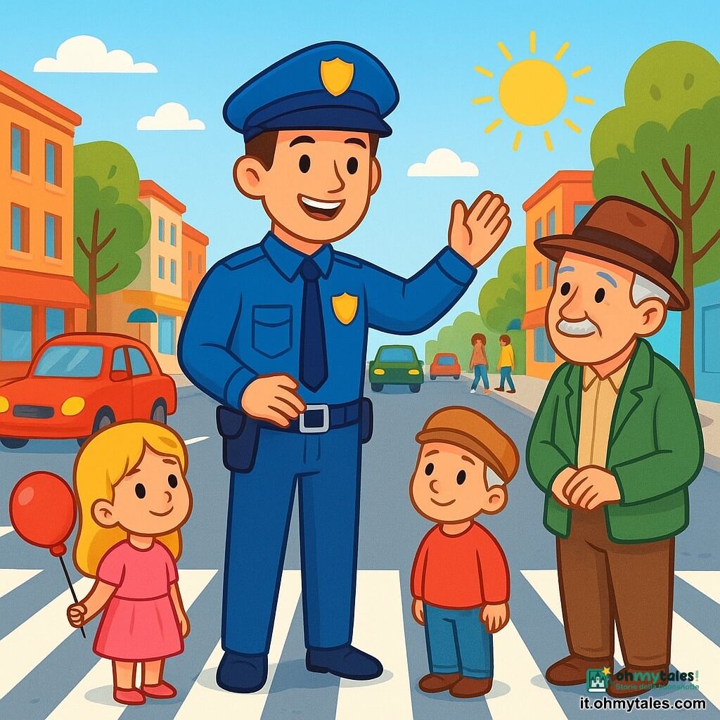 Un poliziotto sorridente e benevolo indossa una uniforme blu brillante con una cintura nera. Ha capelli castani e un cappello da poliziotto. Si trova al centro di un incrocio affollato, alzando una mano per dirigere il traffico con sicurezza e calma. A destra, un uomo anziano con una giacca verde e un cappello marrone aspetta pazientemente di attraversare la strada, guardando il poliziotto con gratitudine. A sinistra, una bambina di nome Sofia, di circa 7 anni, con capelli biondi e un vestito rosa, osserva la scena con occhi stupiti, tenendo un palloncino rosso. Il luogo è una strada animata di una città, con auto colorate parcheggiate e pedoni che camminano sui marciapiedi acciottolati. Alberi fiancheggiano la strada e un sole splendente brilla in un cielo azzurro chiaro. La situazione principale mostra il poliziotto che aiuta l'anziano ad attraversare la strada in sicurezza, spiegando ai bambini l'importanza della pazienza e della sicurezza stradale.