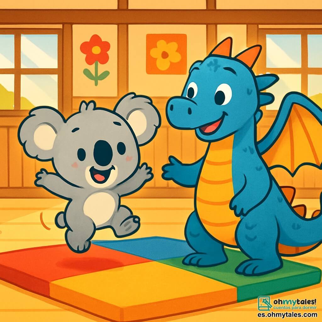 Un pequeño koala adorable, llamado Kiko, con un pelaje suave y gris, ojos brillantes y una gran sonrisa, salta alegremente sobre una gran colchoneta colorida. Kiko parece emocionado y un poco nervioso, con sus pequeñas patas en el aire. A su lado, un gran dragón azul llamado Ryu, con escamas brillantes y alas majestuosas, sonríe con benevolencia, mostrando su gran amistad. Ryu está ahí para animar a Kiko, manteniéndose justo al lado de él en la colchoneta. La escena se desarrolla en un dojo luminoso, con paredes de madera y decoraciones de flores coloridas. Rayos de sol entran por las ventanas, iluminando el espacio. Kiko y Ryu están listos para saltar juntos, Kiko tomando impulso con determinación, mientras Ryu lo anima con una mirada amistosa. La atmósfera es alegre y llena de energía, capturando el momento de aprendizaje y amistad.