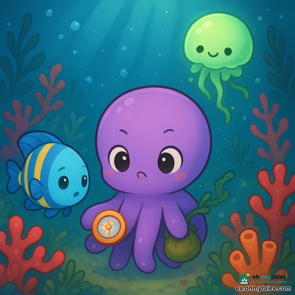 Un pequeño pulpo violeta (protagonista), de tentáculos redondeados y brillantes, expresión curiosa y decidida, con una pequeña bolsa de algas, sostiene una brújula de coral entre dos ventosas; una medusa-linterna redonda llamada Brisa, con un resplandor verde, flota arriba a la derecha dejando caer una cinta de alga brillante; a la izquierda, un pez mariposa azul y amarillo llamado Lila, de ojos redondos y tímidos, nada cerca de Ocho mirando la brújula con asombro; el arrecife, con corales en ramilletes, esponjas y praderas marinas que se mecen, pequeñas burbujas y rayos de luz azulada, forma el decorado mientras el pulpo muestra la brújula bajo una luz suave y los habitantes del arrecife se reúnen en círculo en una atmósfera de aventura tranquila y colorida.