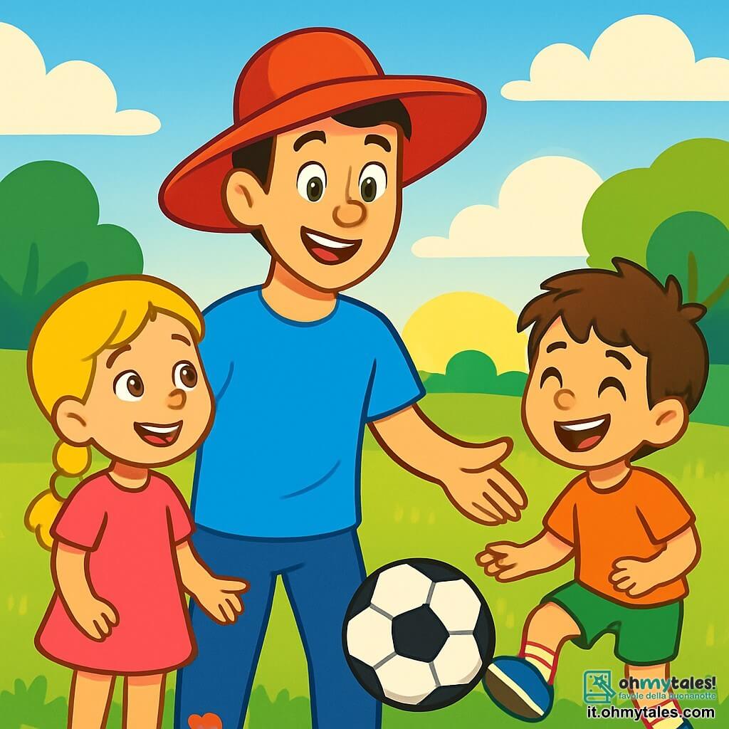 Un uomo sorridente, Paolo, è al centro dell'immagine, indossa un grande cappello rosso e una maglietta blu brillante. I suoi occhi brillanti esprimono gioia ed entusiasmo mentre mostra ai bambini come giocare a calcio. Alla sua destra, una ragazza di 8 anni, Anna, con capelli biondi in treccia e un vestito rosa, guarda attentamente Paolo con un grande sorriso, pronta a provare a passare la palla. Alla sua sinistra, un ragazzo di 7 anni, Luca, con capelli castani disordinati e pantaloni corti verdi, ride mentre cerca di controllare il pallone con i piedi. Lo sfondo è un ampio campo verde, illuminato dalla luce dorata del sole al tramonto, con fiori colorati che punteggiano l'erba. Sullo sfondo, si vedono alberi maestosi e un cielo blu punteggiato di nuvole bianche. La scena rappresenta Paolo che insegna ai bambini come passare la palla, mentre Anna e Luca si allenano con entusiasmo, ridendo e incoraggiandosi a vicenda in un'atmosfera gioiosa e amichevole.