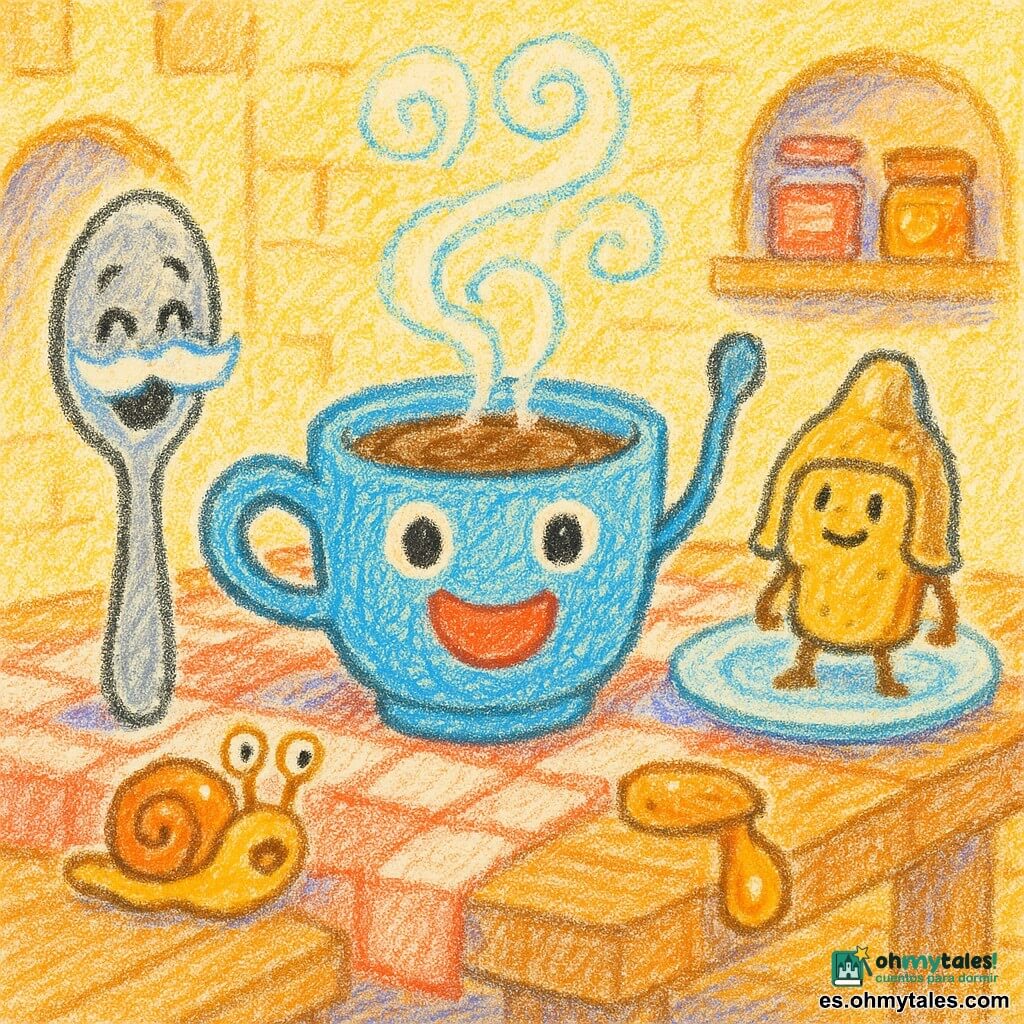 La protagonista es una taza azul antropomórfica, orgullosa y alegre, con gran sonrisa roja, ojos redondos y brillantes, asa levantada como varita y vapor en remolinos de cacao caliente; a la izquierda, una cuchara plateada con bigote blanco de leche y ojos pícaros ríe mirando la taza; a la derecha, una tostada dorada como un pequeño caballero en un plato, casco de migas, erguida y valiente; debajo y cerca del borde de la mesa, un calcetín pegajoso convertido en caracol de miel marrón claro con ojos asombrados; escenario: cocina de castillo acogedora con mesa de madera y mantel a cuadros rojos y blancos, luz cálida y paredes en tonos pastel, todo dibujado a lápiz con trazos sencillos; situación: un desayuno mágico y divertido: la taza acaba de recibir el cacao, todos los objetos se ríen y una lluvia de miel pega al caracol, creando una atmósfera cálida y animada.
