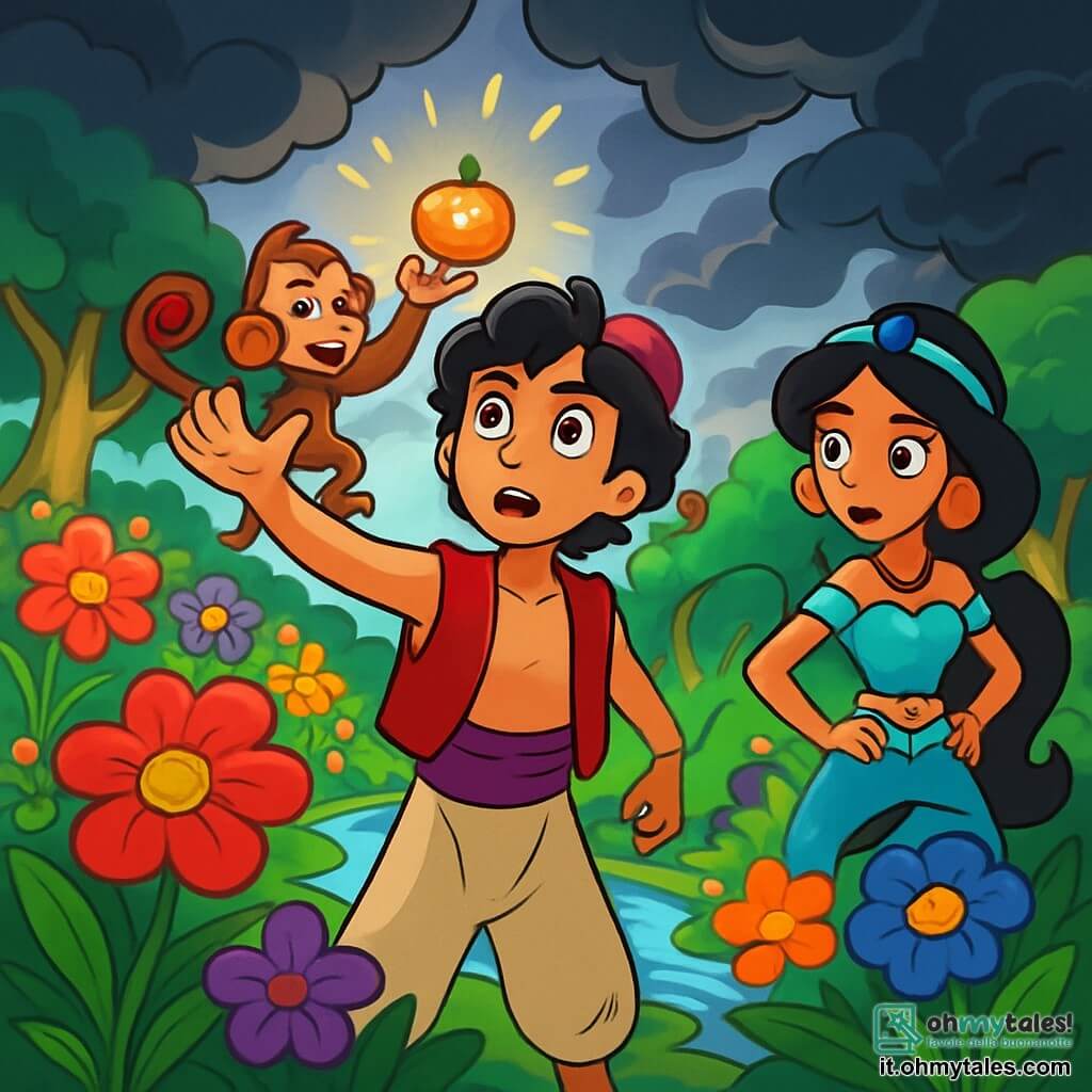 Aladino, un giovane ragazzo dai capelli neri e ricci, indossa pantaloni larghi e un gilet rosso, il suo viso esprime una determinazione coraggiosa. Si trova al centro del Giardino Magico, con le braccia tese verso il cielo, circondato da fiori colorati che sembrano vibrare di energia. Abu, la piccola scimmietta agile, è appollaiata sulla spalla di Aladino, i suoi occhi brillano di curiosità mentre cerca di afferrare un frutto magico luccicante. Jasmine, una bella giovane con lunghi capelli castani e un vestito turchese scintillante, si trova leggermente in disparte, con le mani sui fianchi, mostrando un'espressione di preoccupazione ma anche di fiducia. Il Giardino Magico è un luogo incantevole, pieno di fiori cantanti dai colori vivaci, ruscelli d'acqua cristallina che serpeggiano tra alberi dai tronchi dorati, sotto un cielo nuvoloso che lascia intravedere lampi di luce. La scena principale mostra Aladino, Abu e Jasmine uniti nella loro missione di salvare il giardino, mentre ombre minacciose si profilano all'orizzonte e la magia del luogo sembra vacillare.