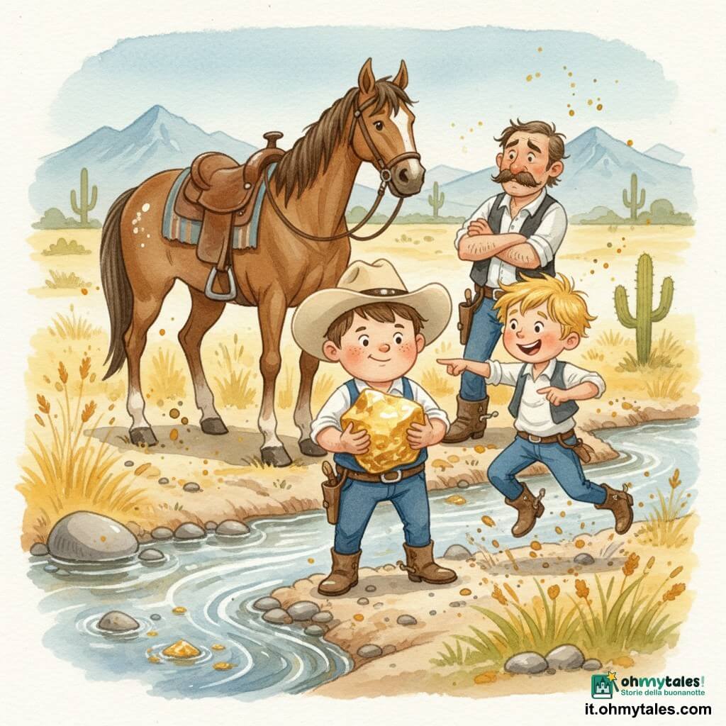 Un ragazzo, Jack, al centro con viso rotondo e lentiggini, espressione coraggiosa e determinata, capelli castani corti e cappello da cowboy beige di traverso, tiene fra le mani sporche di fango una grande pepita d'oro brillante; accanto Benny (10 anni), capelli biondi spettinati, sorriso eccitato, indica la pepita e salta leggermente; dietro di loro a pochi passi un uomo sulla quarantina, volto rugoso e baffi folti, braccia conserte e sguardo sospettoso; il cavallo bruno Dusty, ampio e tranquillo con sella consumata, sta subito dietro Jack; ambientazione sulla riva del Silver Creek con acqua chiara, ciottoli argentati, sabbia, erbe ingiallite, cactus e colline aride; momento di tensione per la pepita appena trovata che si trasforma in una vittoria maliziosa, colori caldi e riflessi dorati sulla pepita.