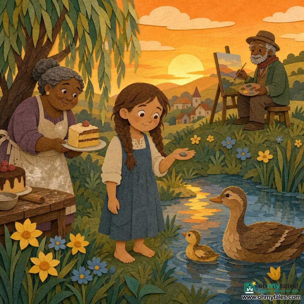 A 10-year-old girl with a round freckled face and brown pigtails, barefoot in the grass holding a smooth pebble, gentle smile and curious look; to her left a plump 50-year-old baker woman with gray hair in a bun and a floury apron offering a slice of cake on a small plate by a wooden table; a mother duck and a yellow-brown spotted duckling swim in a small pond front right watching the girl; an elderly painter (~70) with a short white beard and felt hat sits on a stool on a hill behind her with a palette and brush, kindly observing; setting: sunlit meadow at sunset with textured green grass, paper-cut yellow and blue flowers, a willow with cut foliage, a mirror pond, golden hills and tiny village houses; scene: the girl studies the pebble as if seeking an answer, surrounded by figures symbolizing sharing, restraint and contemplation—centered composition, warm sunset contrasts, layered paper textures, soft shadows and simple shapes.