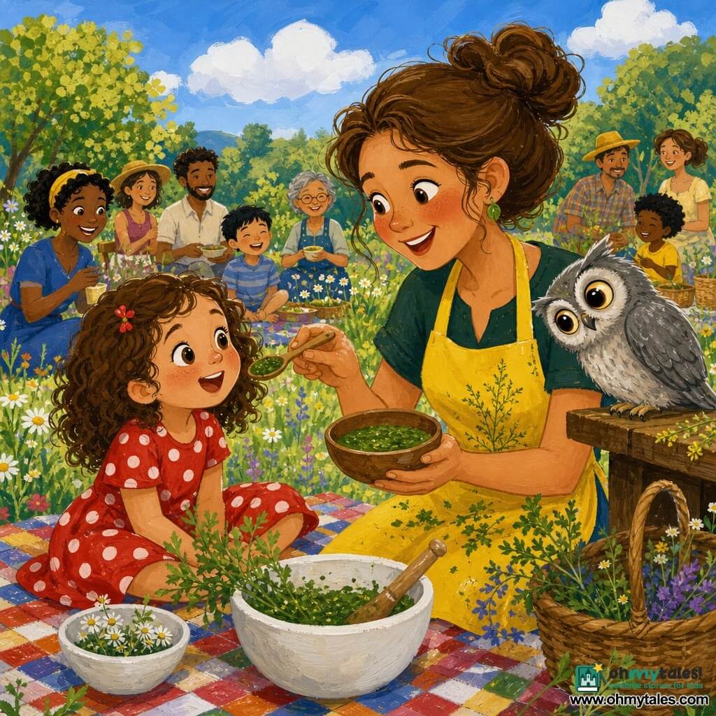 Lily, a smiling round-faced woman with chestnut hair in a bun and a bright yellow herb-stained apron, gently offers a wooden spoon of emerald-green sauce; Mia, a delighted 7-year-old girl with curly brown hair in a red polka-dot dress, sits on a multicolored blanket nearby; Oliver, a gray owl with large shiny round eyes, perches on the right edge of a wooden table tilting his head; sunny meadow picnic with wicker baskets, white ceramic bowls, wildflowers, blurred green trees and a pale blue sky, warm late-afternoon light, vivid colors and thick acrylic brushstrokes.