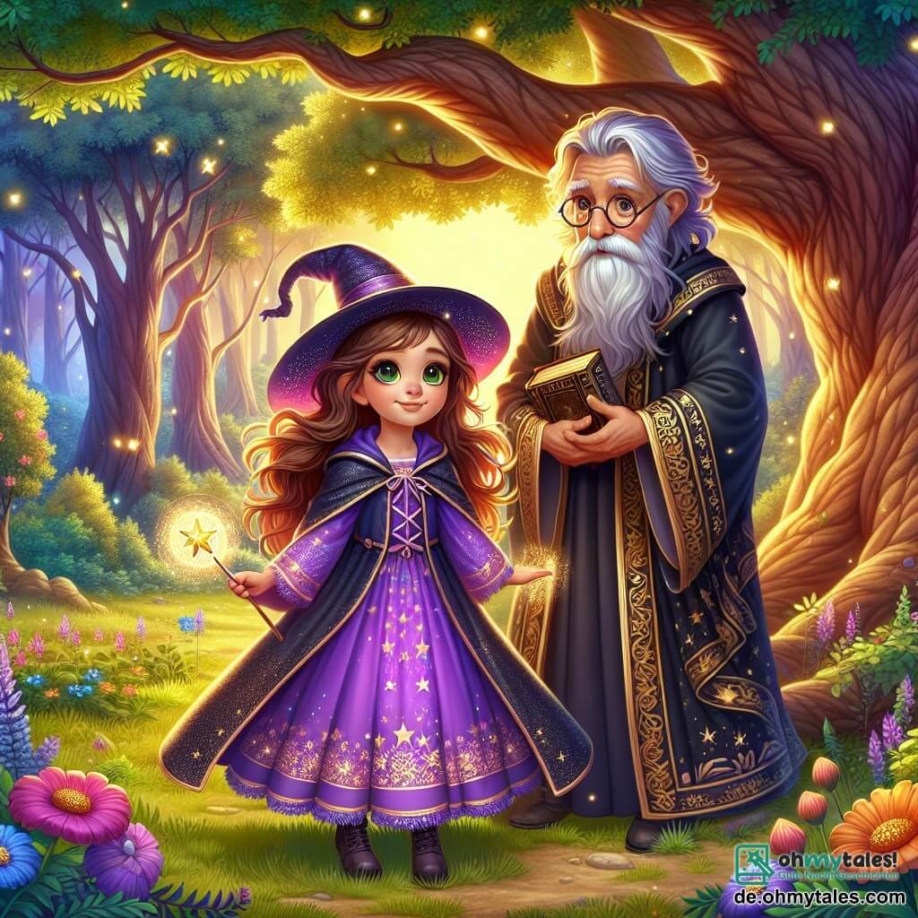 Im Zentrum des Bildes steht ein 11-jähriges Mädchen, Livia, eine angehende Hexe, unter einer majestätischen Eiche, ihre Augen strahlen vor Aufregung und Entschlossenheit. Sie hat lange, fließende braune Haare, ein lila Kleid mit sternförmigen Mustern und einen kleinen funkelnden Zauberstab in ihrer rechten Hand, bereit, ihre Kräfte zu entfalten. An ihrer rechten Seite beobachtet der weise alte Mann, Meister Aethelwold, etwa 70 Jahre alt, mit einem wohlwollenden Lächeln. Er hat einen langen silbernen Bart, runde Brillen und trägt einen schwarzen Zaubererumhang mit goldenen Mustern. In seiner linken Hand hält er ein altes Buch, bereit, Livia in ihrem Lernen zu unterstützen. Im Hintergrund ist die Landschaft bezaubernd: eine von goldenem Licht durchflutete Lichtung, umgeben von Bäumen mit leuchtend grünen Blättern. Bunte Blumen bedecken den Boden, und Glühwürmchen tanzen in der Dämmerung, was der Atmosphäre einen magischen Touch verleiht. Die Hauptsituation zeigt Livia konzentriert, wie sie ihren Zauberstab gen Himmel hebt, während ein magisches Licht aus ihrem Kristall strömt und ihr Gesicht sanft erhellt. Meister Aethelwold ermutigt sie, bereit, ihr zu helfen, ihre Kräfte zu meistern, während ein bedrohlicher Schatten am Horizont auftaucht, der auf eine bevorstehende Gefahr hindeutet.