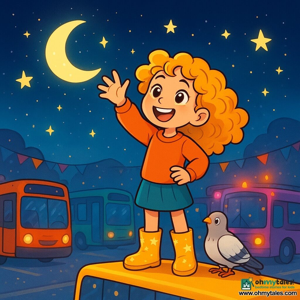 Mira Moonbeam, a young girl with curly golden hair, wears yellow boots adorned with sparkling stars. She has a sparkling smile and mischievous bright eyes as she stands on the roof of a bus, raising her hand in a grand gesture towards the moon, surrounded by twinkling stars. Nearby, a pigeon with a small backpack curiously watches Mira, its white and gray feathers contrasting with the colorful backdrop. The setting is a vibrant and lively bus depot filled with brightly colored buses, some with flashing lights and others gently dancing to joyful music. Stars shine in the night sky, and a light shimmering mist floats in the air, adding a touch of magic to the scene. The main situation shows Mira making a comedic gesture towards the moon, prompting joyful reactions from the buses that start to animate and dance around her, creating a festive and friendly atmosphere.