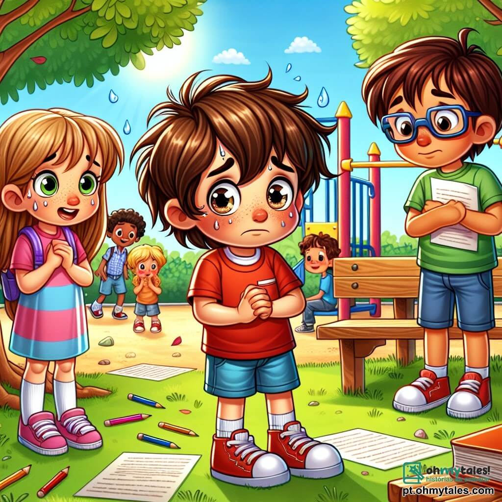 Um garoto de 8 anos, Miguel, está no centro da imagem, com cabelos castanhos bagunçados e olhos brilhantes de nervosismo. Ele usa uma camiseta vermelha e um short azul, suas mãos tremem levemente enquanto olha para os amigos com uma expressão de vergonha e ansiedade. À sua esquerda, Ana, uma menina de 8 anos com cabelos longos e loiros, o observa com um sorriso encorajador, de braços cruzados, pronta para ajudar. À direita, Lucas, um garoto de 9 anos com óculos e cabelos castanhos, segura um roteiro nas mãos, demonstrando compreensão e apoio. A cena acontece em um pátio escolar ensolarado, cercado por árvores verdes e brinquedos coloridos, com crianças brincando ao fundo, criando uma atmosfera alegre. No primeiro plano, Miguel, Ana e Lucas estão perto de uma mesa de madeira, onde folhas de papel e lápis estão espalhados, mostrando seus preparativos para a peça de teatro. A situação principal mostra Miguel, nervoso e hesitante, confessando aos amigos que mentiu sobre suas habilidades de memorizar suas falas, enquanto Ana e Lucas o escutam atentamente, prontos para oferecer ajuda e amizade.