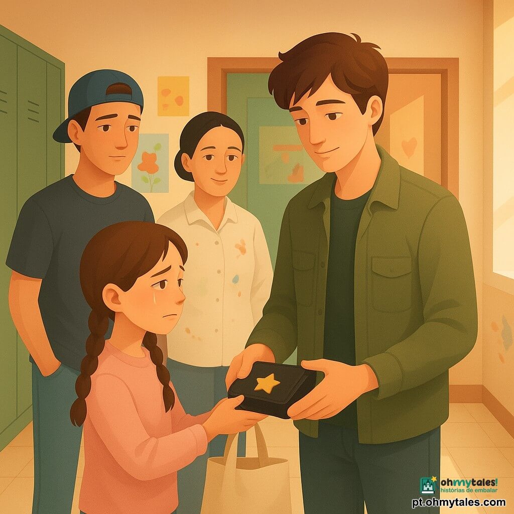 O personagem principal é Leandro, 16 anos, de expressão calma e gentil, cabelo castanho despenteado, jaqueta cáqui leve; ele segura delicadamente um pequeno estojo preto com uma estrela dourada e olha para a menina com ternura. A menina, Leonor, cerca de 10 anos, com rosto envergonhado e aliviado, olhos brilhando por lágrimas secas, tranças e suéter rosa-pálido, estende uma bolsa de tecido contendo o estojo. Bento, 16 anos, veste boné virado para trás e jeans desbotado, está um pouco atrás de Leandro com as mãos nos bolsos e expressão constrangida mas encorajadora. A professora Iara, na casa dos cinquenta, cabelo preso em coque e bata manchada de tinta, apoia-se no batente da porta da sala de artes com olhar sereno. O cenário é um corredor escolar com piso de azulejo bege, armários verdes, paredes decoradas com desenhos coloridos e luz quente entrando por uma grande janela; há cera e manchas de tinta perto da porta. A cena principal mostra a devolução discreta e emotiva de um estojo de aquarela roubado: a menina entrega o objeto, o rapaz o recebe com suavidade, amigos e professora observam numa atmosfera de reconciliação calma e luminosa.