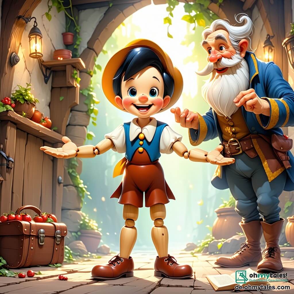 Pinocchio, ein junger Holzjunge mit funkelnden Augen und einem großen Lächeln, steht im Mittelpunkt des Bildes, die Arme weit geöffnet, voller Freude und Aufregung. Seine glatte, glänzende Holzhaut und die leicht verlängerte Nase zeugen von seinen vergangenen Abenteuern. Neben ihm steht ein alter Geschichtenerzähler, ein etwa 70-jähriger Mann mit einem langen weißen Bart und runden Brillen, der warm lächelt und ein altes Buch mit magischen Geschichten hält. Er trägt einen roten Samtanzug und einen Zylinder und bewundert Pinocchio stolz. Im Hintergrund schaut ein kleiner Junge von etwa 8 Jahren mit lockigem Haar und einem gestreiften T-Shirt bewundernd zu Pinocchio, während er einen bunten Ballon hält. Die Szene spielt auf einem großen, bunten Jahrmarkt mit funkelnden Lichtern und Spielständen, umgeben von Blumenketten und Laternen, die eine festliche und warme Atmosphäre schaffen. Pinocchio feiert mit seinen Freunden die Rückkehr der gestohlenen Geschichten, während der Geschichtenerzähler beginnt, ein neues Abenteuer zu erzählen, das alle anwesenden Kinder fesselt.