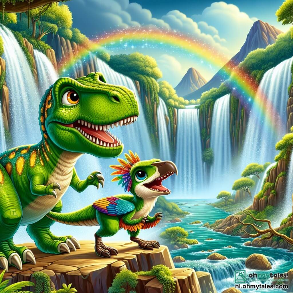 Een jonge Tyrannosaurus Rex genaamd Rexy, met een schitterende groene huid bezaaid met gouden vlekken, toont grote nieuwsgierigheid en verwondering terwijl hij aan de rand van een prachtige waterval staat, met wijdopen ogen en een lichtgeopende mond. Naast hem springt zijn beste vriendinnetje Rina, een behendige Velociraptor met kleurrijke veren, van blijdschap en laat de schoonheid van het tafereel zien, met stralende ogen van geluk. Op de achtergrond stroomt de majestueuze waterval van steile rotsen, waardoor een glinsterende regenboog in de lucht ontstaat, terwijl groene bergen de vallei omringen en een vleugje magie aan het landschap toevoegen. De hoofdscène toont Rexy en Rina die samen de schoonheid van de natuur ontdekken, verwonderd door de pracht van de waterval en de belofte van komende avonturen.
