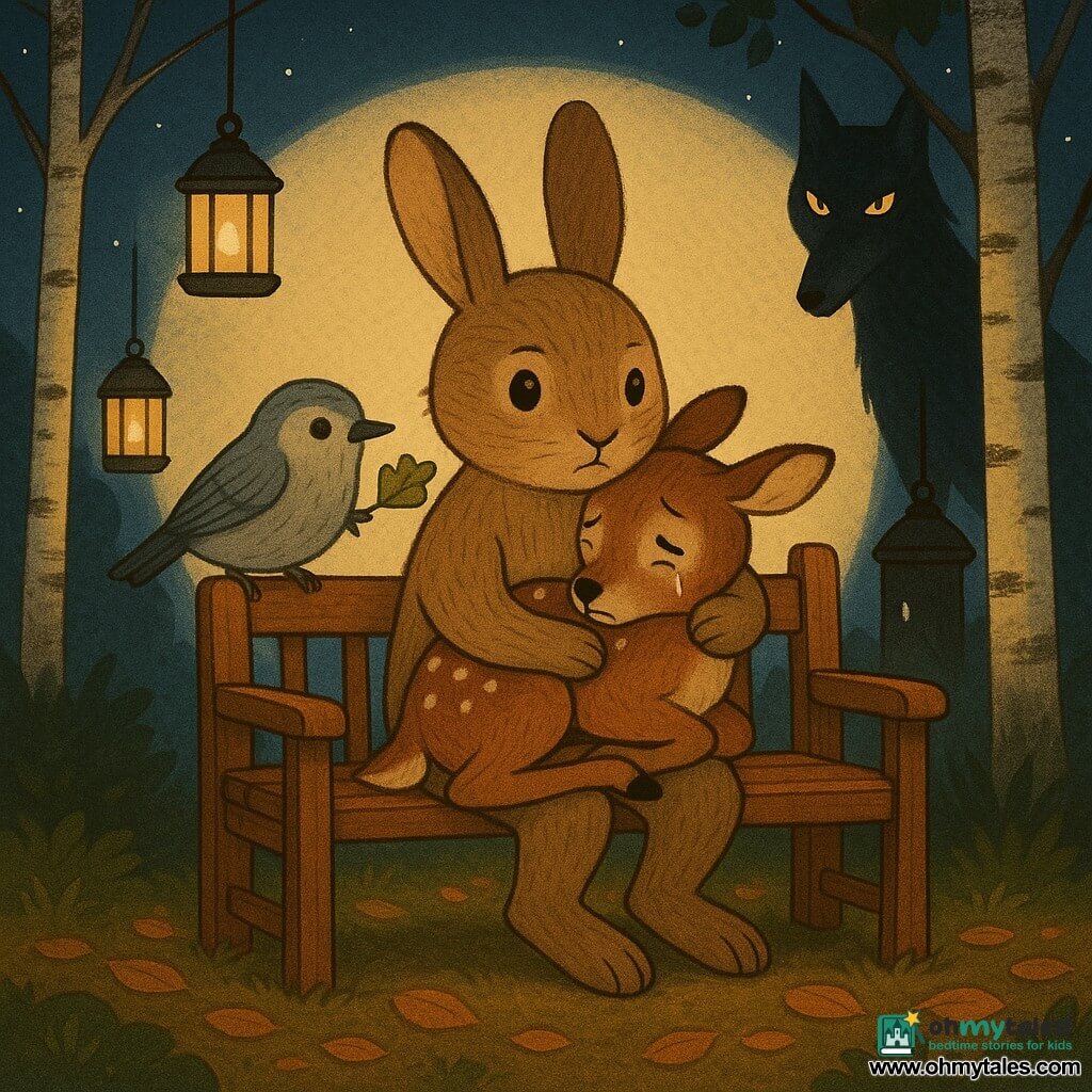 The main character is a small light-brown anthropomorphic rabbit with round hazel eyes, a determined gentle expression and textured fur, delicately holding a trembling spotted fawn against its chest while sitting on a polished wooden bench; a wizened troglodyte bird (old nuthatch) with small grey feathers perches on the bench back to the left, offering a lichen leaf with a kindly look; in the background a large menacing wolf—lean silhouette, brushed dark fur, piercing yellow eyes, sly yet restrained expression—crouches partly in shadow between two trunks at the edge of the circle of light; the setting is a soft nocturnal clearing: the bench centered under hanging lanterns casting warm golden light, ochre leaf litter and green moss, silver birch trunks and a deep starry blue sky visible through the foliage; the scene is calm but tense—the rabbit protects the fawn in the lantern-lit circle while animal friends gather around and the wolf watches from the dark margin.