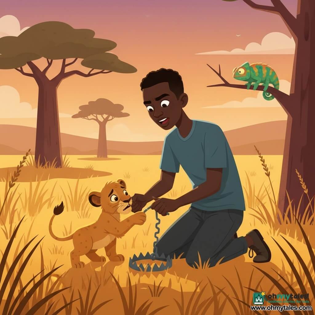 Kofi, a brave, kind young man of about 18, kneels with dirty but gentle hands freeing a small lion cub from a metal trap; the frightened but relieved cub with light reddish fur and sunlit patches reaches a paw toward Kofi and sniffs his hand, while a small colorful chameleon on a nearby branch watches with shifting green and ochre skin; the scene is a vast savannah at dusk with tall golden grasses, baobab silhouettes and an orange-purple sky, warm low light casting long shadows — a tender, heroic rescue beneath a baobab, dramatic yet reassuring, with simple shapes, warm colors and crisp silhouettes.