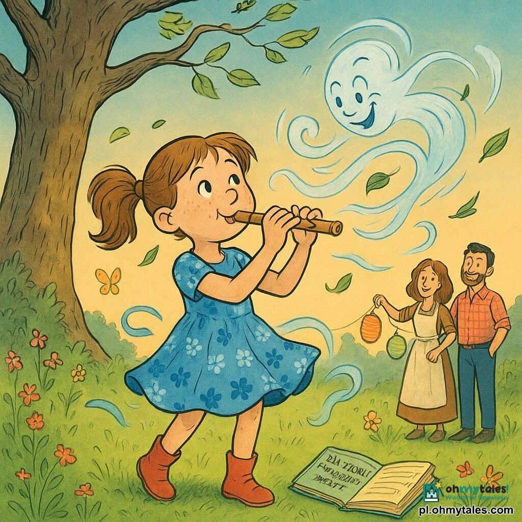 Osiemletnia, radosna dziewczynka z piegami i jasnobrązowymi kucykami gra na małej drewnianej flecie, ubrana w niebieską sukienkę w kwiaty i czerwone botki, patrzy w niebo; personifikowany, figlarny wiatr przybiera postać półprzezroczystej, wirującej wstęgi z rozbawionymi oczami i przywiązanymi liśćmi, tańczy wokół niej unosząc kosmyki włosów, sukienkę, liście i lampiony; obok korzeni starego dębu leży mała, zniszczona zielona książka zatytułowana „Jak zaprzyjaźnić się z wiatrem”, otwarta i oświetlona promieniem słońca; rodzice w tle, uśmiechnięci, przygotowują kolorowe lampiony; wiejski ogród z trawiastym podłożem, masywny dąb po lewej, dzikie kwiaty, kilka świetlistych motyli i pastelowe, różowiejące niebo tworzą ciepłą, świetlistą i lekką atmosferę tej magicznej, zabawnej sceny.