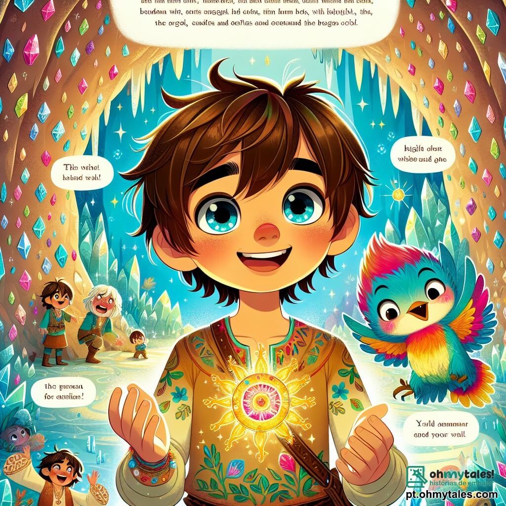 Yuma, um garoto de cerca de 10 anos, está no centro da imagem, com olhos brilhantes de admiração e um grande sorriso no rosto. Ele tem cabelos castanhos bagunçados, veste uma túnica colorida com padrões de folhas e flores, e segura em suas mãos a luminosa Pedra do Sol, que irradia cores vibrantes ao seu redor. Ao seu lado, um pequeno pássaro azul vibrante, seu amigo fiel, voa alegremente em círculos ao redor de Yuma, suas asas abertas, adicionando dinamismo à cena. Ao fundo, a caverna dos risos se abre majestosa, com paredes brilhantes de cristais e luzes dançantes, criando uma atmosfera mágica. Risos de elfos e criaturas encantadas ecoam, enquanto duendes de rostos redondos e sorridentes se divertem dentro da caverna, trazendo uma atmosfera alegre. A cena principal mostra Yuma descobrindo a Pedra do Sol, iluminando seu rosto com uma luz calorosa, enquanto seu amigo pássaro dança ao seu redor, simbolizando amizade e aventura neste mundo fantástico.