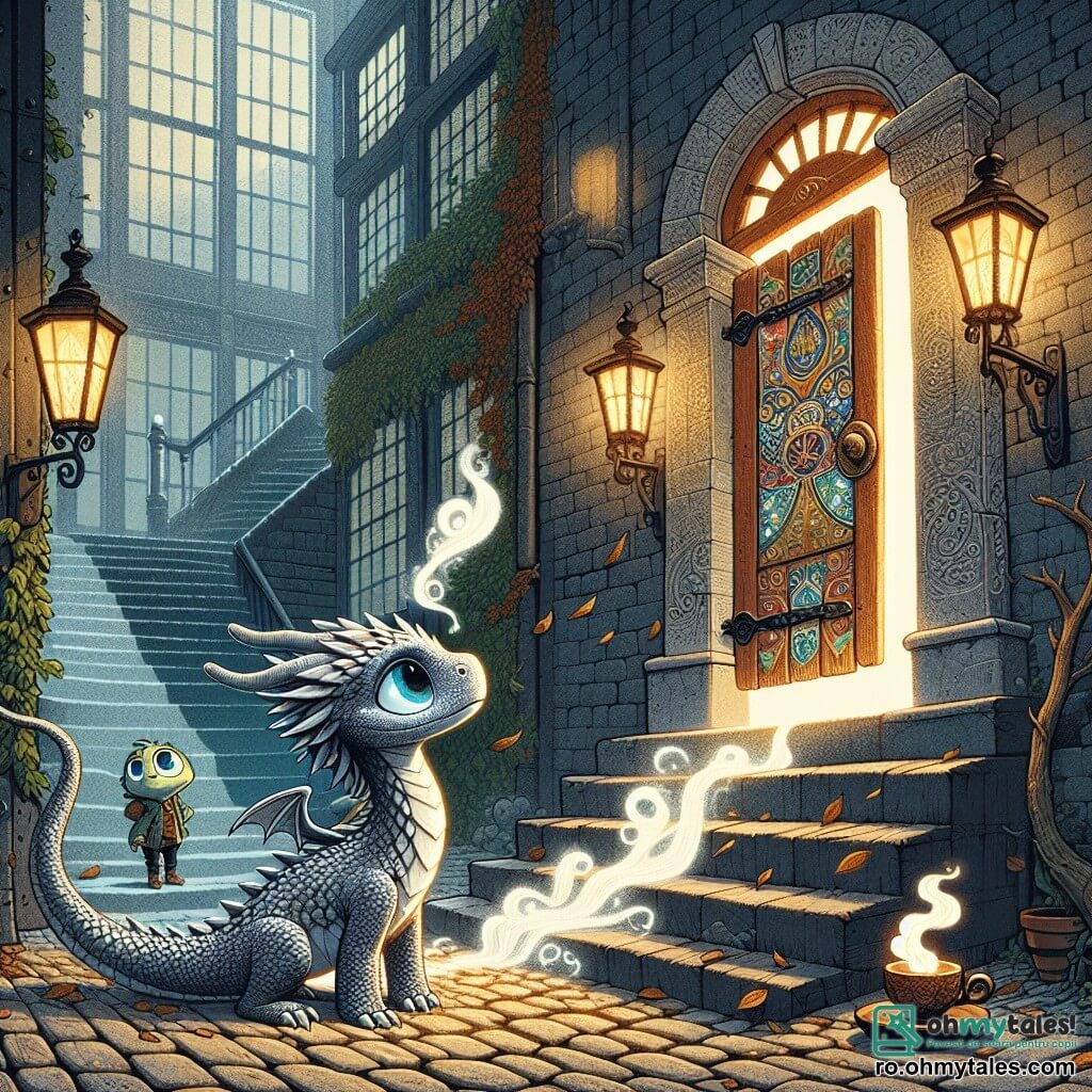 Arin, un tânăr dragon de fumă, stă în picioare pe o mică treaptă de lemn, solzii săi strălucind în nuanțe de gri și albastru, iar ochii săi fiind plini de curiozitate și entuziasm. El privește cu uimire o ușă din lemn vechi, împodobită cu motive misterioase, care pare să vibreze de energie. Lângă el, Ghib, o mică șopârlă urbană cu pielea de mozaic colorat, observă cu atenție scena, fața sa având o expresie de înțelepciune și determinare. El ține o cană de ceai fumegând în labe, pregătit să împărtășească cunoștințele sale. Decorul este o curte ascunsă între două clădiri mari de sticlă, cu pereți acoperiți de iarbă și felinare din fier forjat care emit o lumină blândă și caldă. Umbrele dansează pe paviment, unde frunzele uscate se învârt în voia vântului. Situația principală îl arată pe Arin pregătit să treacă prin ușa misterioasă, în timp ce scări de lumină se ridică în jurul său, simbolizând posibilitățile infinite care îl așteaptă în lumea poveștilor.