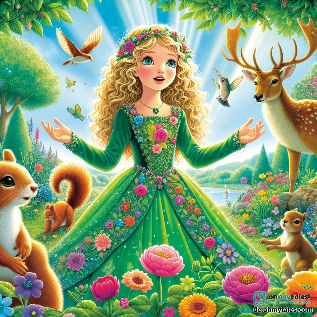 Aschenputtel, ein Mädchen mit lockigem, blondem Haar, trägt ein strahlend grünes Kleid, das mit bunten Blumen geschmückt ist. Ihr Gesicht strahlt Entschlossenheit und Hoffnung aus. Sie steht im Zentrum eines wunderschönen Gartens, die Arme weit geöffnet, als wolle sie die umgebende Natur willkommen heißen. Neben ihr klettert ein kleiner, neugieriger Eichhörnchen auf einen Ast, während im Hintergrund ein majestätischer Hirsch mit prächtigen Geweihen freundlich zu Aschenputtel blickt. Der Garten ist üppig, voller leuchtender Blumen, Laubbäume und einem klarblauen Himmel, in dem bunte Vögel fröhlich fliegen. Die Hauptszene zeigt Aschenputtel, die sich an eine Gruppe von Tieren im Garten wendet und ihnen verspricht, die Natur zu schützen und Müll aufzusammeln, während Sonnenstrahlen die Szene erhellen und eine magische, hoffnungsvolle Atmosphäre schaffen.