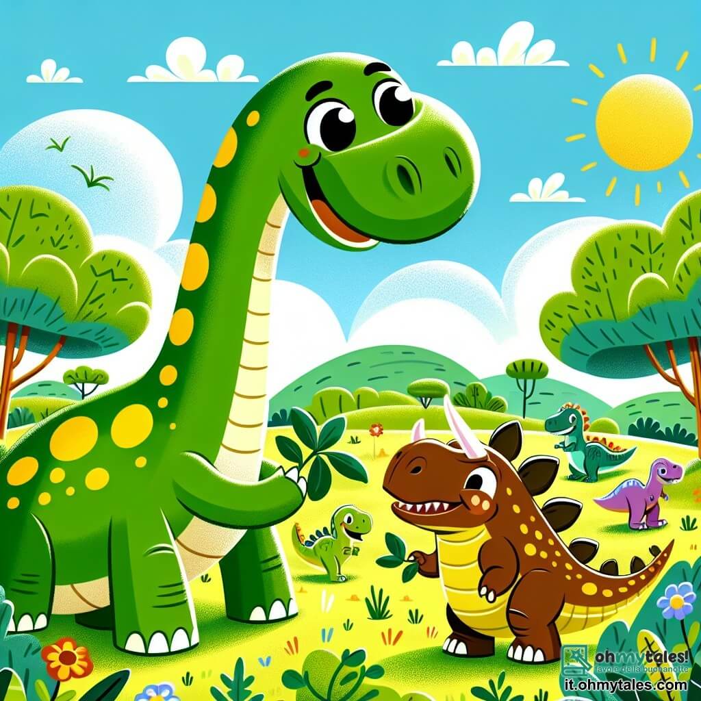Un grande diplodoco di nome Dino, con un lungo collo e una pelle verde maculata di giallo, si trova felicemente in mezzo a una vasta pianura soleggiata. I suoi grandi occhi brillanti esprimono gioia e amicizia mentre condivide foglie verdi con un imponente tirannosauro, che ha una pelle marrone e denti affilati, ma uno sguardo riconoscente. Intorno a loro, altri dinosauri, come triceratopi e stegosauri, giocano allegramente, aggiungendo colore alla scena. La pianura è punteggiata di alberi verdi e fiori colorati, sotto un cielo blu brillante, creando un ambiente accogliente e vivace. La scena principale mostra Dino che condivide le sue foglie con il tirannosauro, illustrando un momento di gentilezza e amicizia tra creature di dimensioni diverse in un mondo preistorico pieno di vita.