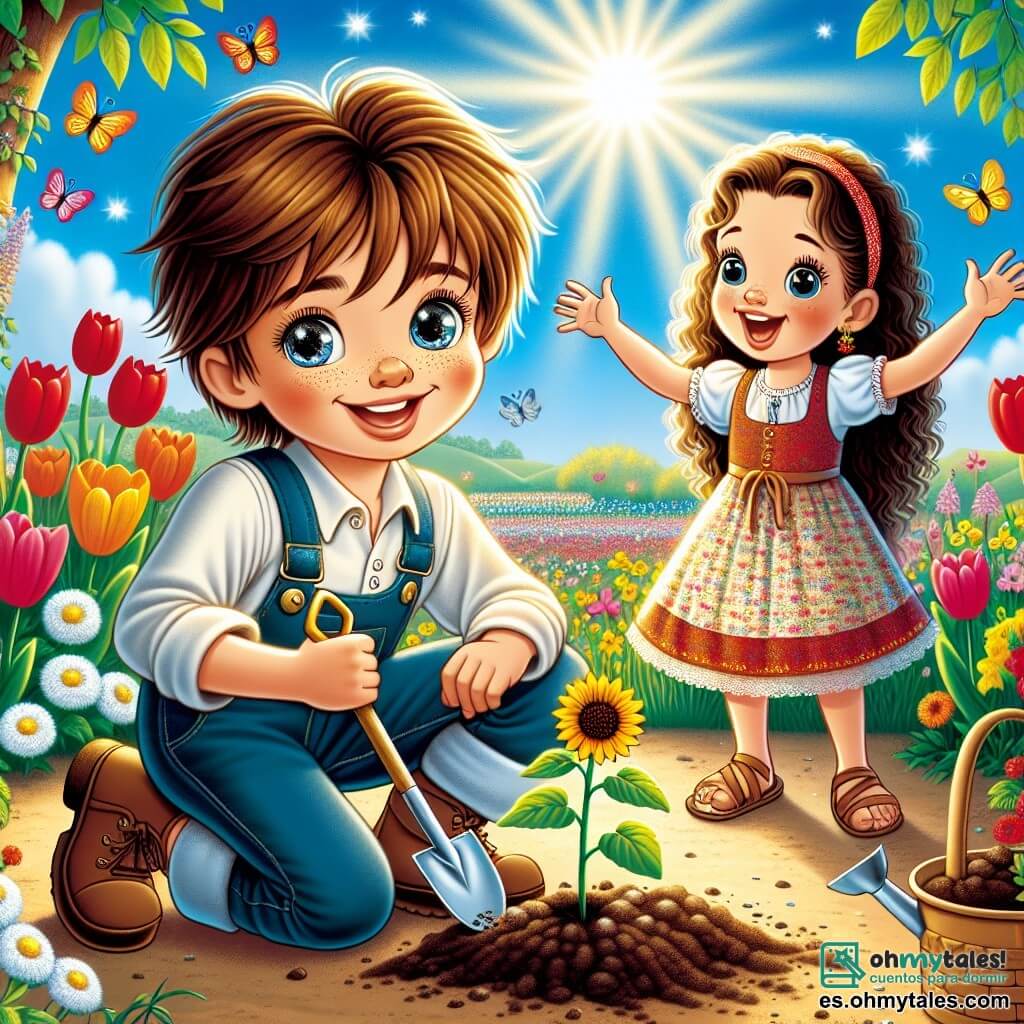 Un niño de 10 años, Lucas, con cabello castaño y ojos brillantes de curiosidad, está agachado en un jardín soleado, sosteniendo una pequeña pala en una mano y una semilla de girasol en la otra. Sonríe con emoción mientras se prepara para plantar la semilla en la tierra fértil. A su lado, su mejor amiga Ana, una niña de 10 años con cabello largo y rizado, vestida con un vestido colorido y sandalias, lo anima levantando los brazos con entusiasmo. El jardín está lleno de flores de colores brillantes: tulipanes rojos, margaritas blancas y narcisos amarillos, bajo un cielo azul claro con nubes ligeras. Mariposas coloridas vuelan alrededor, añadiendo un toque de magia a la escena. Lucas y Ana están plantando semillas de girasol, simbolizando el inicio de la primavera y su compromiso con la naturaleza.