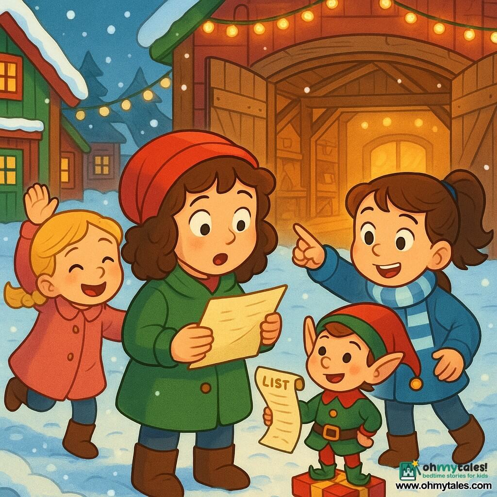Four characters: three 8-year-old girls—Lila, brown curly hair under a red hat, green coat, holding an aged letter in her left hand and standing center, looking at Elfie in wonder; Mia, brown ponytail, blue-and-white striped scarf, standing right of Lila and pointing toward the workshop, smiling; Sophie, braided blonde hair, dusty-pink coat, left of Lila, hopping with joy—and Elfie, a small boy elf with pointed ears and rosy cheeks in a red-and-green outfit with gold buttons, proudly holding the recovered list while standing slightly elevated on a small gift. Setting: Santa's workshop village with snow-dusted cobblestone lanes, red-and-green wooden houses, warm-lit windows, yellow string lights, and a large open wooden workshop door glowing inside. Scene: the girls have found the letter and meet Elfie who shows the recovered list; joyful atmosphere, gentle falling snow, glowing garlands, bright contrasting colors, happy expressions, centered composition with the workshop in the background, soft rounded illustrative style with clean lines and light shadows.
