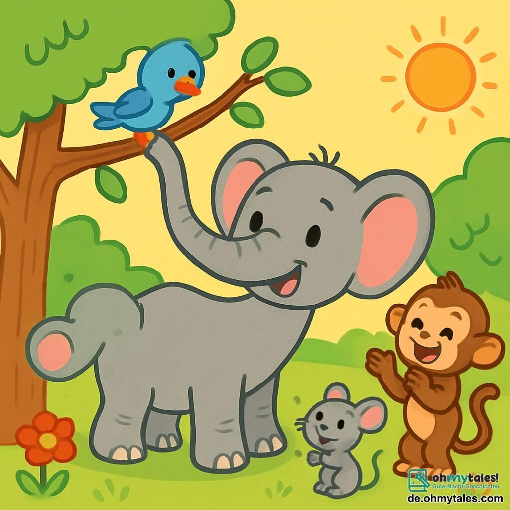 Ein fröhlicher Elefant namens Elli, mit grauer Haut und großen rosa Ohren, hilft einem kleinen blauen Vogel namens Pia, von einem Ast herunterzukommen, indem er seinen langen Rüssel benutzt. Elli hat ein warmes Lächeln und strahlende Augen, die ihre Freundlichkeit zeigen. Neben ihnen applaudiert ein schelmischer Affe namens Max, mit braunem Fell und einem neugierigen Schwanz, begeistert, während eine kleine Maus namens Mia, mit grauem Fell und großen, schelmischen Augen, bewundernd zuschaut. Sie befinden sich auf einer sonnigen Lichtung, umgeben von grünen Bäumen mit glänzenden Blättern und bunten Blumen, die im Wind tanzen. Die Szene zeigt Elli, der Pia sanft mit seinem Rüssel zieht, und schafft einen Moment der Kameradschaft und gegenseitigen Hilfe, voller Freude und Freundschaft.