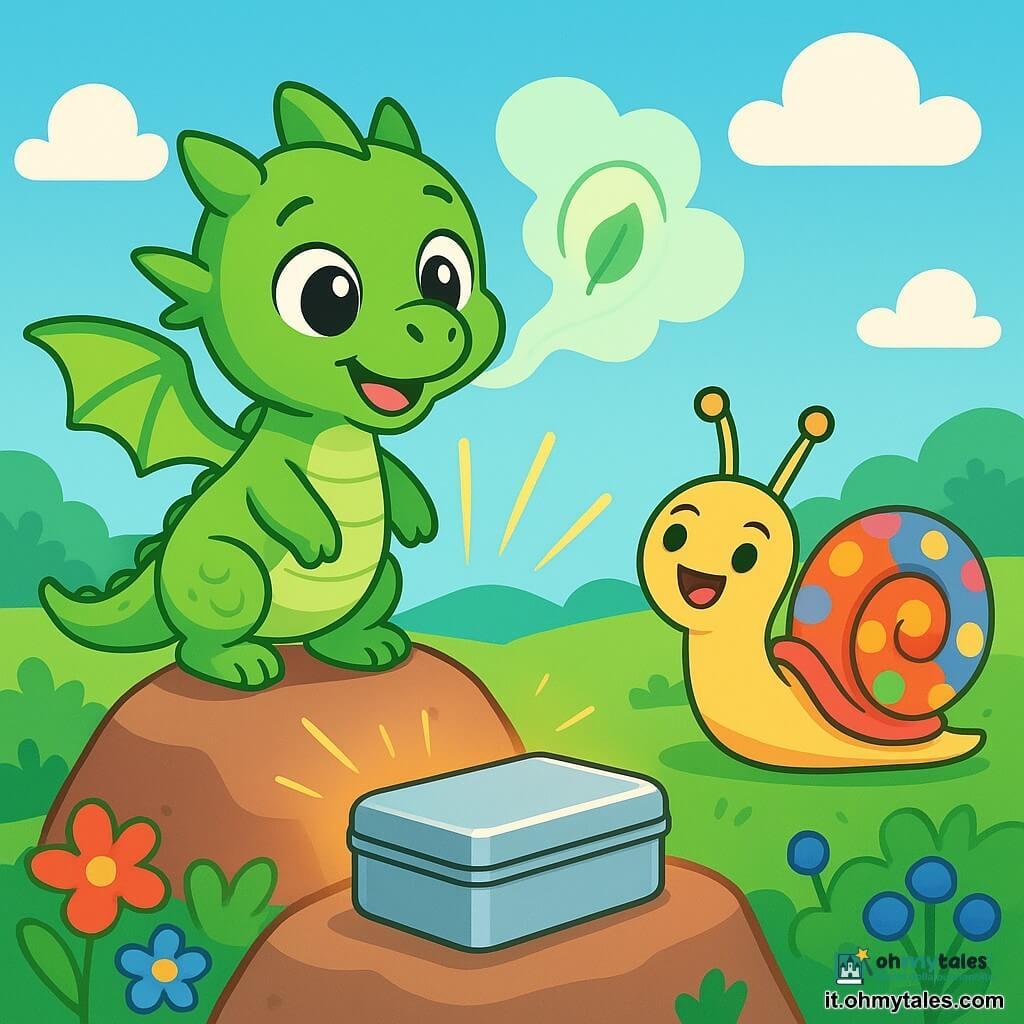 Un piccolo drago verde con squame brillanti, grandi occhi pieni di curiosità, si trova su una roccia calda, sorridendo con entusiasmo. Soffia delicatamente una nuvola di vapore profumata alla menta. Accanto a lui, una lumaca con una conchiglia colorata a pois, con antenne tremolanti, danza gioiosamente, i suoi occhi esprimono gioia ed eccitazione. Lo sfondo è una collina verdeggiante, punteggiata di fiori vivaci e cespugli di mirtilli, sotto un cielo blu chiaro con nuvole morbide e soffici. Al centro della scena, una scatola di metallo brillante è posata sulla roccia, circondata da raggi di sole dorati, mentre il drago e la lumaca si preparano a scoprire il suo contenuto misterioso.