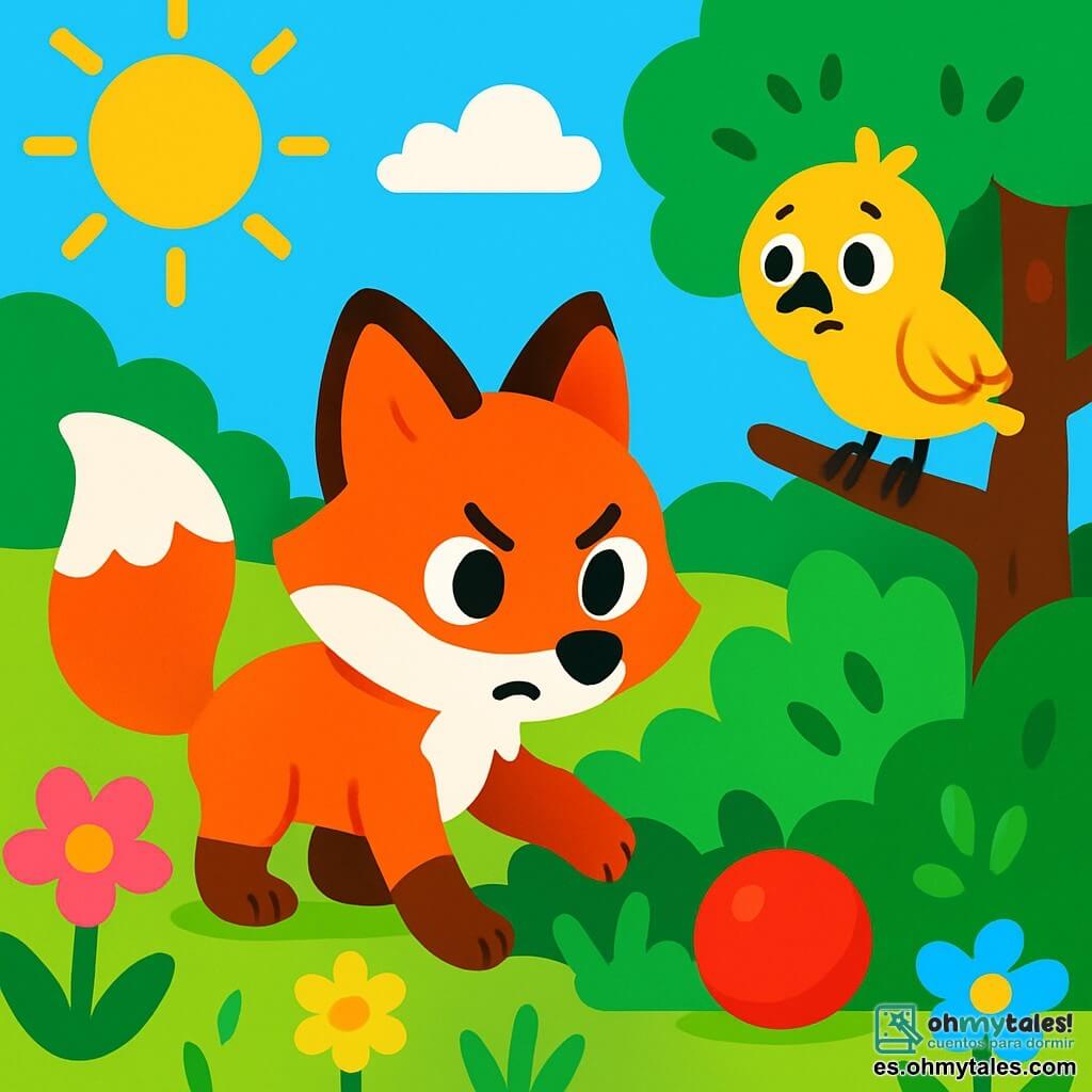 Un pequeño zorro de pelaje naranja brillante y cola esponjosa, con ojos brillantes de determinación, busca una pelota roja en un jardín soleado. A su lado, un pájaro alegre con plumas amarillas y un pequeño pico negro, que mira a su alrededor con una expresión preocupada, se encuentra en una rama de árbol. El jardín está lleno de flores coloridas, árboles verdes y un cielo azul brillante. El zorro y el pájaro están en plena aventura, buscando la pelota perdida entre los arbustos y la hierba alta.