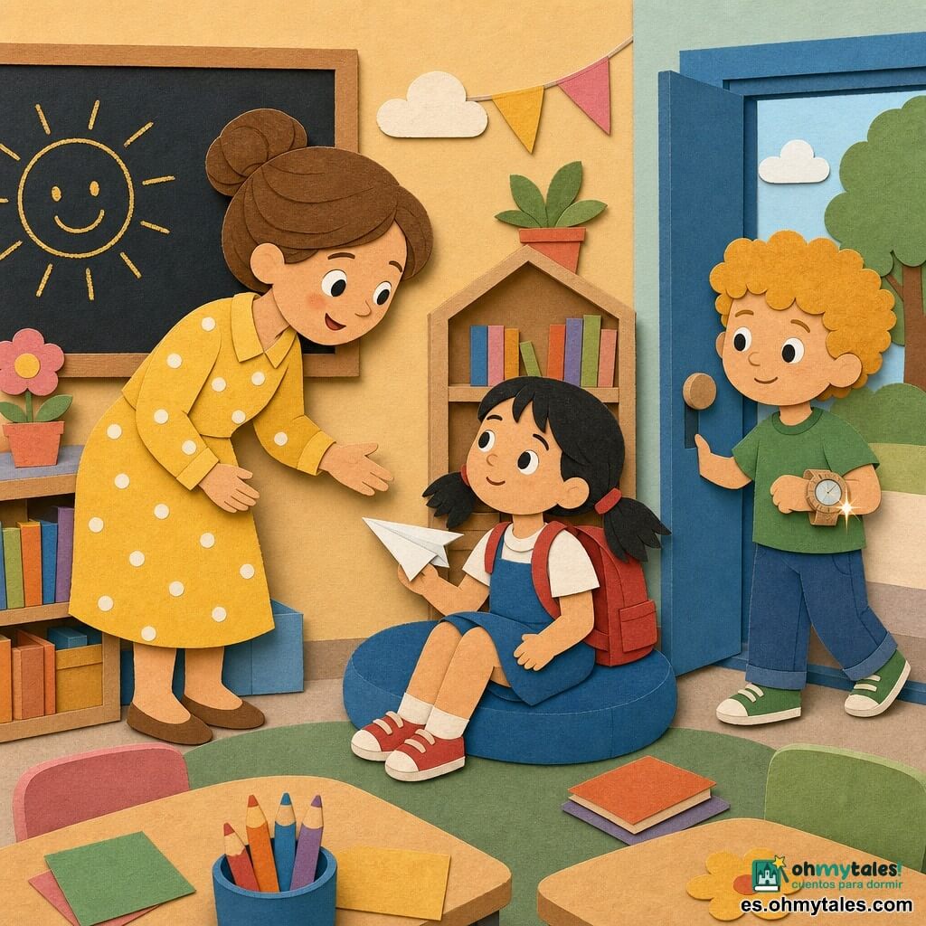 Una maestra sonriente y amable, cabello castaño claro recogido en un moño, vestida con un vestido amarillo de lunares, se inclina hacia un alumno extendiendo la mano con suavidad; una niña de 6 años con coletas negras y cartera roja sostiene un avión de papel junto al rincón de lectura sentada en un pequeño cojín azul; un niño de 7 años de rizos rubios y camisa verde está de pie junto a la puerta con un reloj de cartón que refleja la luz, listo para participar; el aula es luminosa con paredes en tonos pastel, mesas de madera clara, estanterías llenas de libros coloridos y una pizarra grande donde un sol amarillo dibujado con tiza sonríe; detalles de papel recortado: texturas granuladas, sombras suaves, bordes cortados visibles y collages superpuestos; escena tranquila y cálida de descubrimiento: la maestra invita a los niños a resolver un pequeño misterio de la clase en una atmósfera dulce y reconfortante.