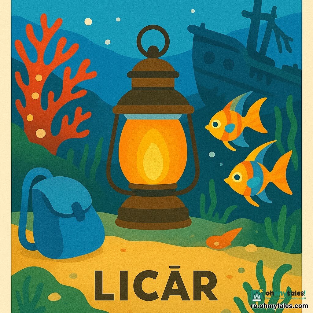 Un mic far de scufundare din sticlă groasă şi metal bronzat, numit Licăr, pluteşte singur cu o lumină caldă galben-portocalie tremurândă; un rucsac de pânză albastră dezumflat e jumătate îngropat în nisip la stânga cu o curea fluturândă, trei peşti-înger coloraţi se învârt jucăuş la dreapta, o epavă de lemn gri închis acoperită de alge şi scoici se profilează în fundal cu hublouri ca ochi adormiţi, la stânga o arcadă de coral roşu face o poartă zimţată împodobită cu scoici strălucitoare, fundalul e nisip pal presărat cu kelp verde şi bule argintii; situaţie: lampa pluteşte între trei căi (arcadă de coral, epavă, pădure de kelp), proiectând un halo blând pe nisip şi sugerând un dilema calmă şi luminoasă în inima călătoriei subacvatice.