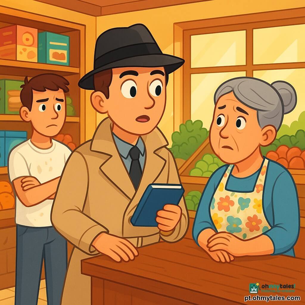 Um homem detetive, Miguel, está de pé no meio de uma mercearia animada, com um olhar curioso e determinado. Ele usa um trench coat bege, um chapéu preto levemente inclinado e segura um pequeno caderno azul em uma mão, enquanto a outra está apoiada no balcão de madeira. Seus olhos brilham de excitação e concentração. Ao lado dele, Dona Rosa, uma mulher de cerca de 50 anos, com cabelos grisalhos presos em um coque e um avental florido, olha para Miguel com uma expressão de preocupação, as mãos apertadas no balcão. Um jovem, Pedro, de cerca de 20 anos, está ao fundo, com manchas de farinha na camiseta branca, os braços cruzados, exibindo uma expressão de nervosismo. A cena se passa em uma mercearia acolhedora, com prateleiras de madeira cheias de caixas coloridas de biscoitos, frutas frescas e legumes. A luz suave do sol filtra pela janela, criando sombras dançantes no chão de azulejos. A situação principal mostra Miguel interrogando Dona Rosa sobre as misteriosas desaparecimentos de biscoitos, enquanto Pedro ouve atentamente, preocupado com o que pode ser descoberto.