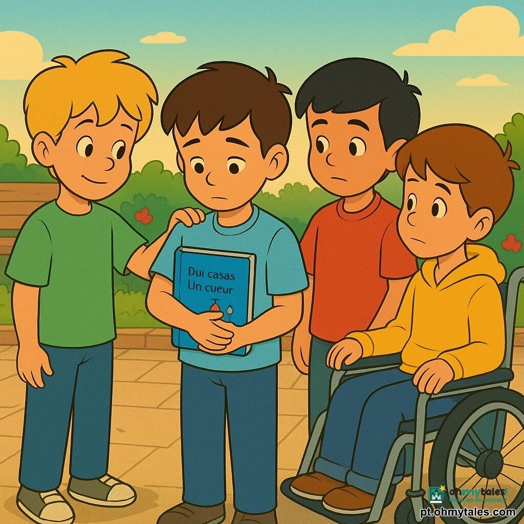 Quatro meninos de 9 anos: Davi (cabelos castanhos curtos, camiseta azul claro com um foguete, caderno azul debaixo do braço, no centro, olhando para baixo), Caio (cabelos loiros bagunçados, camiseta verde, sorrindo suavemente, à esquerda de Davi com a mão no ombro dele), Bento (cabelos pretos lisos, camiseta vermelha, postura reservada, à direita de Davi, mãos juntas) e Luan (cadeira de rodas leve, cabelos castanho‑claro, moletom amarelo, levemente à frente e à direita, virado para Davi). Cena numa escola: pátio pavimentado, banco de madeira envelhecido, canteiro com flores vermelhas e folhas verdes, bola de futebol perto da borda, céu suave e luz dourada de fim de tarde. Situação: os quatro em círculo apertado, gestos de apoio e calma, foco no caderno de Davi com a frase escrita em pequenas letras: "Duas casas. Um coração." Estilo claro, cores quentes, contornos suaves, expressões sensíveis e serenas.