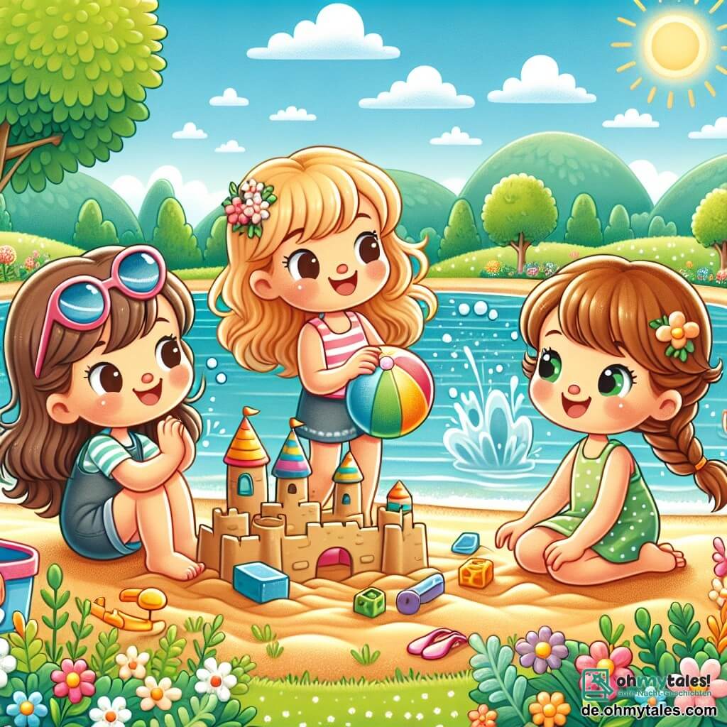 Drei Mädchen, Mia, Lena und Sara, im Alter von 8 bis 9 Jahren, sind am Ufer eines sonnigen Sees versammelt. Mia, mit braunen Haaren und Sonnenbrille, sitzt im Sand und baut eine große Sandburg. Lena, mit lockigen blonden Haaren, steht im Wasser, lacht und hält einen bunten Ballon. Sara, mit kastanienbraunen Haaren und einem Zopf, schwimmt fröhlich und spritzt Wasser um sich herum. Der Ort ist ein wunderschöner See, umgeben von Grün, mit üppigen Bäumen und bunten Blumen am Ufer. Der Himmel ist strahlend blau, mit einigen flauschigen weißen Wolken, und die Sonne scheint hell, wodurch funkelnde Reflexionen auf dem Wasser entstehen. Die Hauptsituation zeigt die drei Freundinnen, die einen perfekten Sommertag genießen, zusammen spielen, lachen und glückliche Momente am See teilen, was Freundschaft und Sommerferien symbolisiert.