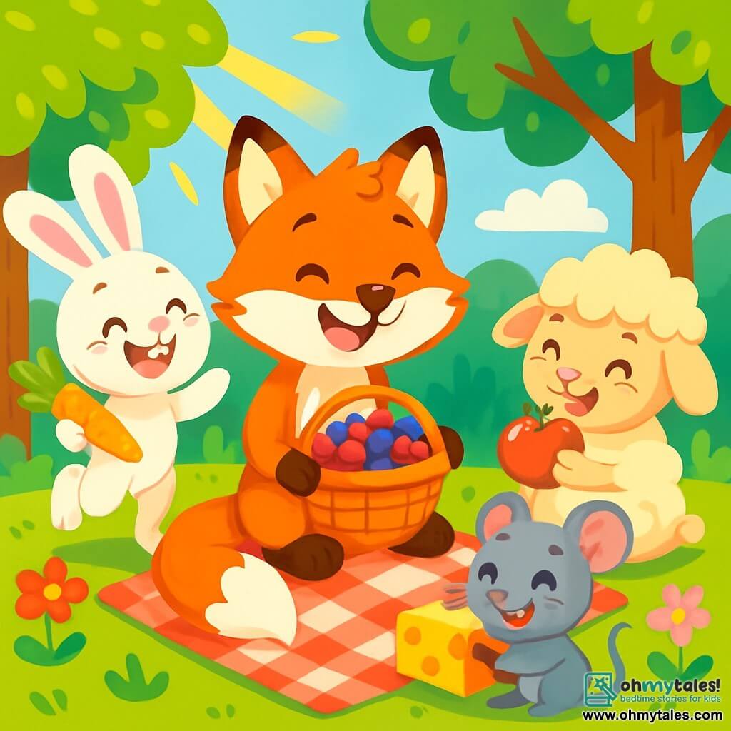A young fox named Felix, with bright orange fur and a bushy tail, happily smiles while holding a basket filled with colorful berries. He is sitting on a red and white checkered blanket, surrounded by his friends. Next to him, Bella the rabbit, with her white fur and large ears, jumps for joy, holding a crunchy carrot in her front paws. Max the little mouse, with his gray fur and sparkling eyes, is cutting a piece of cheese with a small knife, displaying a mischievous grin. Lucy the lamb, with her soft, curly wool, is sitting and munching on a shiny red apple, her eyes sparkling with excitement. The setting is a sunny clearing, surrounded by green trees with shiny leaves, and colorful flowers dancing in the light breeze. Sun rays filter through the branches, creating bright patterns on the ground. The main scene shows the four friends gathered for a joyful picnic, laughing and sharing delicious treats while enjoying the beauty of nature.