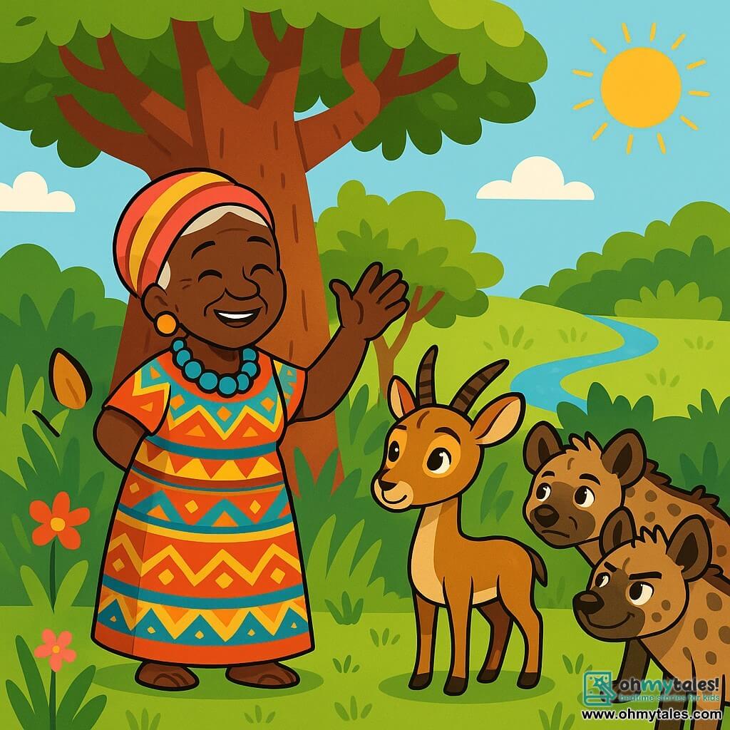 An elderly woman, Mbali, stands proudly under a large baobab, her face radiating wisdom and kindness. She wears a colorful dress with vibrant African patterns, and her eyes shine with warmth. She raises a hand, gesturing confidently to calm the animals gathered around her. Beside her, a young gazelle named Kito, about 5 years old, has hopeful eyes. His coat is golden brown, and he stands with a shy yet determined posture, listening attentively to Mbali. A group of hyenas, led by Kali, a 6-year-old male, stands back, their mischievous eyes watching the scene, their coats spotted with black and gray. The scene takes place in a green clearing surrounded by tall grasses and colorful flowers, with the sun shining above, casting soft shadows on the ground. In the distance, the murmur of a stream adds a touch of serenity to the atmosphere. The main situation shows Mbali proposing a fair solution to share the water source, while the animals around her listen intently, their expressions ranging from concern to hope.