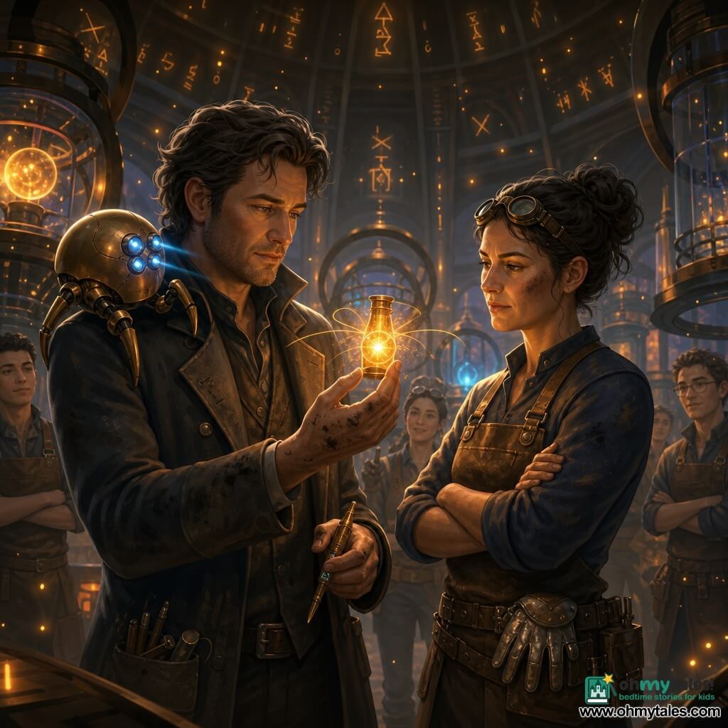 Orin Vale, an exhausted-yet-determined man, delicately holds a pulsing vial of golden starlight while wearing a worn coat with ink-stained fingers and a rune stylus; beside him stands Rell the starsmith, a soot-streaked 35-year-old with lifted goggles, arms crossed but attentive in a leather apron and gloves, judging the vial's safety; Pixo, a small polished-brass spherical drone with three legs and glowing lens-eyes, perches on Orin's shoulder, emitting blue beams; they stand in the vast, warm Forge Hall of Virelia—blackened metal walls, rune-etched vaults, ringed machines and cages with floating star-seeds—during a tense but hopeful moment as Orin offers the light for an energy-softening patch, the golden pulse repelling thin shadow threads while blurred engineers watch expectantly.