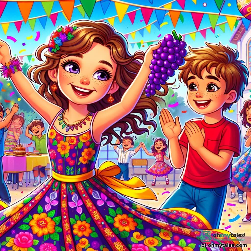 Uma menina de 10 anos, chamada Mariana, com longos cabelos castanhos e olhos brilhantes de alegria, dança com um grande sorriso no rosto, segurando um cacho de uvas roxas nas mãos. Ela usa um vestido colorido, adornado com padrões de flores, que gira ao seu redor enquanto se move com energia. Ao seu lado, um menino de 9 anos, chamado João, com cabelos loiros bagunçados e uma camiseta vermelha, aplaude com entusiasmo, seus olhos brilhando de excitação. Um pouco mais longe, a professora Ana, uma mulher de cerca de 30 anos, com óculos e cabelos castanhos presos em um coque, sorri ao ver as crianças dançarem, de braços cruzados, cheia de orgulho. A cena ocorre em um grande pátio escolar decorado com luzes e balões coloridos, onde crianças riem e se divertem ao redor de uma grande mesa cheia de comidas festivas. A situação principal mostra Mariana e seus amigos celebrando o Ano Novo, dançando alegremente enquanto aguardam a badalada da meia-noite, cheios de entusiasmo e esperança para o ano que vem.