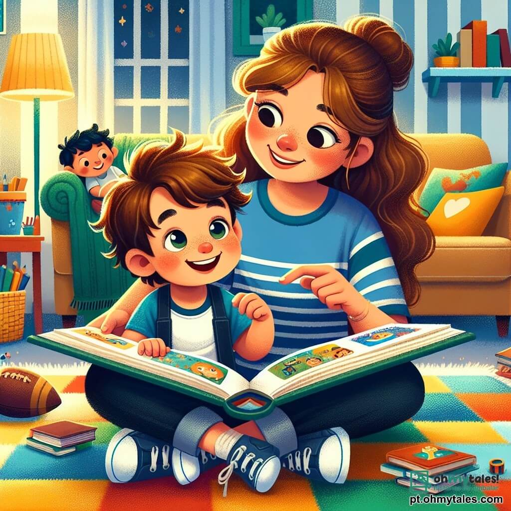 Um menino de 6 anos, chamado Pedro, com cabelos castanhos bagunçados e olhos brilhantes de curiosidade, está sentado em um tapete colorido na sala de estar. Ele sorri amplamente, segurando um grande livro aberto à sua frente, com as pequenas mãos apoiadas nas páginas ilustradas. Ao seu lado, sua mãe, uma mulher de cerca de trinta anos com cabelos longos e ondulados, veste uma camiseta azul e uma calça confortável. Ela se inclina levemente em direção a Pedro, com uma expressão atenta e sorridente, pronta para ouvi-lo e ajudá-lo a entender a história. Ao fundo, seu pai, um homem de cerca de trinta anos com uma barba leve e óculos, está sentado no sofá, olhando para Pedro com um sorriso gentil, segurando uma bola de futebol nas mãos. O ambiente é uma sala acolhedora, decorada com cores vibrantes, com brinquedos espalhados pelo chão e prateleiras cheias de livros. Uma luz suave entra pela janela, criando uma atmosfera acolhedora e alegre. A cena principal mostra Pedro lendo uma história sobre a comunicação entre irmãos, enquanto sua mãe e seu pai o incentivam a compartilhar seus pensamentos e discutir suas próprias experiências.