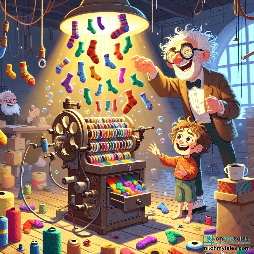 Een excentrieke man, Otto, staat in het midden van zijn atelier, met wild grijs haar en een bril die van zijn neus glijdt. Zijn gezicht straalt blijdschap uit terwijl hij naar zijn kleurrijke machine, de SokSorteerder 3000, kijkt, die felle lichten en zeepbellen uitstraalt. Naast hem staat een klein meisje van ongeveer 8 jaar met krullend haar en een verwonderde glimlach, dat een paar kleurrijke sokken vasthoudt, klaar om ze aan Otto te geven. In een hoek kijkt een oude buurman, een man van zestig met een witte baard en een strooien hoed, met grote ogen toe terwijl hij een dampende kop koffie vasthoudt. Het atelier is een waar creatief rommelhuis, vol met rollen draad, verspreide boeken en vreemde machines, alles verlicht door een warme gloed die door een stoffig raam filtert. De hoofdscène toont Otto die een demonstratie van zijn machine geeft, terwijl de sokken de lucht in worden gegooid, wat een kleurrijke regen creëert die de kinderen laat lachen en de volwassenen verwondert.