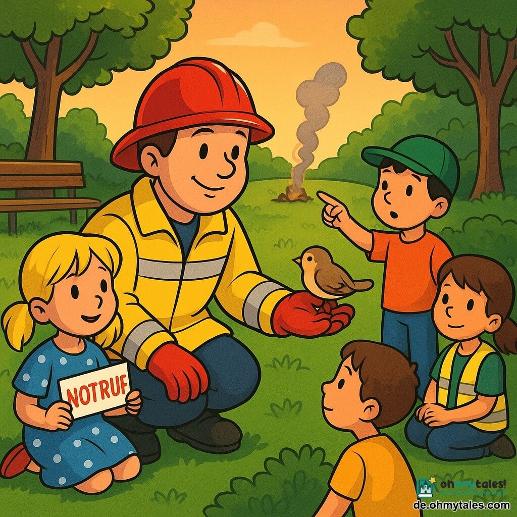 Ein lächelnder, ruhiger Feuerwehrmann mit rundem Gesicht, heller Haut, kurzen braunen Haaren unter einem glänzend roten Helm, geöffneter gelber Warnjacke und einem roten Handschuh in einer Hand kniet im Park und streckt die andere Hand zu einem kleinen Vogel im Busch; links sitzt ein etwa sechsjähriges Mädchen mit blonden Zöpfen im blauen gepunkteten Kleid, das ein Schild „Notruf“ hält und den Feuerwehrmann bewundert, rechts steht ein etwa siebenjähriger Junge mit kurzen schwarzen Haaren, grüner Kappe und orangefarbenem T‑Shirt und zeigt auf entfernten Rauch; drei weitere Kinder (5–8 Jahre, gemischt) in Leuchtwesten sitzen mit gefalteten Händen auf einem grünen Teppich und bilden einen Halbkreis; Ort: städtischer Park am späten Nachmittag mit grünem Gras, hohen Bäumen, bunten Blumen, einer Holzbank, einem Kiesweg und in der Ferne einem erloschenen Lagerfeuer mit dünnem grauem Rauch; Situation: pädagogische Außensitzung — der Feuerwehrmann erklärt ruhig Sicherheitsregeln, die Kinder hören aufmerksam zu, warme, sichere Atmosphäre, kräftige Farben, klare Konturen, goldenes Sonnenlicht, 90er‑Cartoonstil mit weichen Linien und gut lesbaren Gesichtsausdrücken.