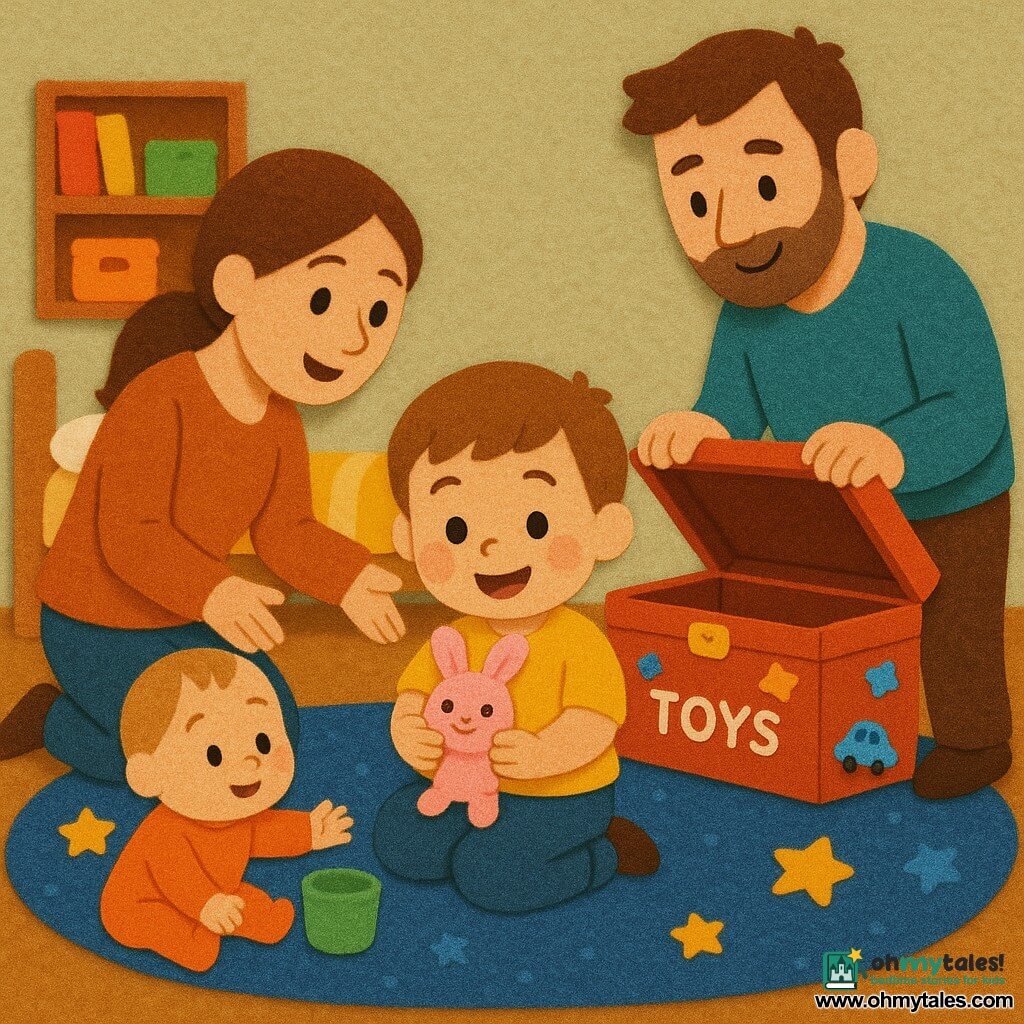 A 2-year-old boy with a round face, rosy cheeks and short brown hair, looking concentrated and joyful as he discovers a small pink plush rabbit in an open painted wooden toy chest; a smiling mother (about 30) with long tied hair kneels to his left, pointing gently at the chest, a reassuring father (about 32) with light beard stands to his right opening the lid, and a curious 9-month-old baby sister sits on a large blue star rug tapping a plastic cup; the bright bedroom has a low bed with a striped blanket, colorful shelves and a red toy chest with stickers, and everyone looks on warmly in a triumphant, cozy atmosphere.