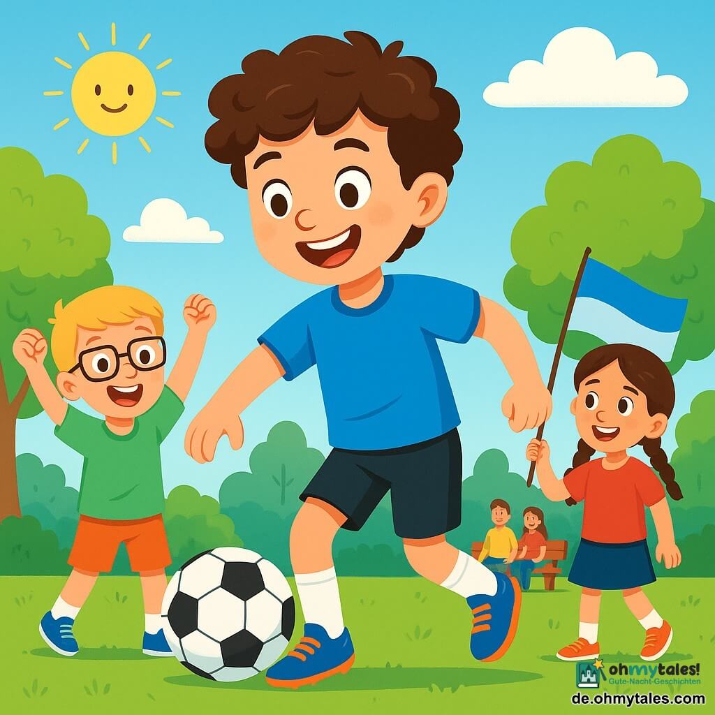Ein Junge namens Jonas, etwa 12 Jahre alt, steht im Mittelpunkt des Bildes. Er hat braune, lockige Haare, ein strahlendes Lächeln und funkelnde Augen vor Aufregung. Er trägt ein leuchtend blaues Fußballtrikot, schwarze Shorts und glänzende Sportschuhe, während er geschickt den Ball auf dem Platz dribbelt. Neben ihm ermutigt ein 10-jähriger Junge mit blonden Haaren und Brille ihn, indem er die Arme hebt und eine fröhliche, bewundernde Miene zeigt. Ein weiteres Kind, ein 11-jähriges Mädchen mit Zöpfen, steht etwas im Hintergrund, hält eine Fahne des Teams und lächelt stolz. Der Ort ist ein grüner Fußballplatz, umgeben von großen Bäumen und Holzbänken, auf denen Eltern das Spiel beobachten. Der Himmel ist blau mit einigen weißen Wolken, und die Sonne scheint, was eine fröhliche und dynamische Atmosphäre schafft. Die Hauptsituation zeigt Jonas in voller Aktion, wie er entschlossen den Ball dribbelt, bereit, zu einem Mitspieler zu passen, während die anderen Kinder ihn anfeuern und eine Atmosphäre von Kameradschaft und Aufregung auf dem Platz entsteht.