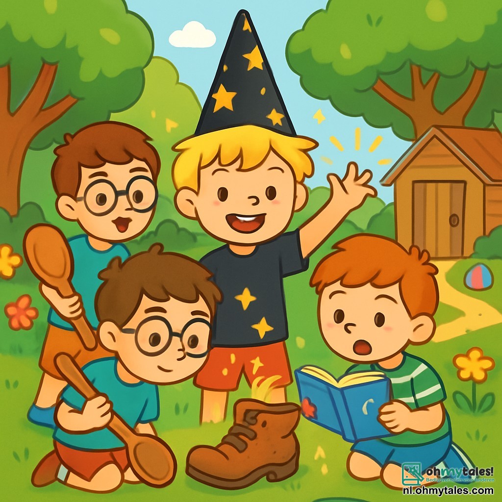 Er zijn 4 kinderen: - Finn: een 6-jarig jongetje met rommelig blond haar en een grote zwarte toverhoed versierd met gouden sterren. Hij staat in het midden, glimlachend, met zijn hand omhoog om zijn magie te tonen. - Bas: een 5-jarig jongetje met bruin haar en ronde bril. Hij houdt een grote houten lepel vast en staat links van Finn, nieuwsgierig kijkend naar een oude schoen. - Siem: een 6-jarig jongetje met rood haar en een open boek in zijn handen. Hij staat rechts van Finn, voorovergebogen om hardop te lezen, met een serieuze uitstraling. - Jip: een 5-jarig jongetje met kastanjebruin haar en een grote glimlach. Hij staat achter Finn, met een paarse knikker in zijn hand, klaar om deze te gooien. De locatie is een zonnige tuin vol kleurrijke bloemen en grote groene bomen. Op de achtergrond staat een klein houten schuilhut met een krakende deur, omringd door bladeren en verspreid speelgoed. Een groene, zachte gazon strekt zich om hen heen uit, en een kleine vijver schittert in de zon. De belangrijkste situatie toont de kinderen die op zoek zijn naar de Gouden Slof, een magische schoen die zingt. Ze zijn allemaal verzameld rond een oude schoen, lachend en zingend samen, met lichtflitsen om hen heen die de magie van hun vriendschap symboliseren.