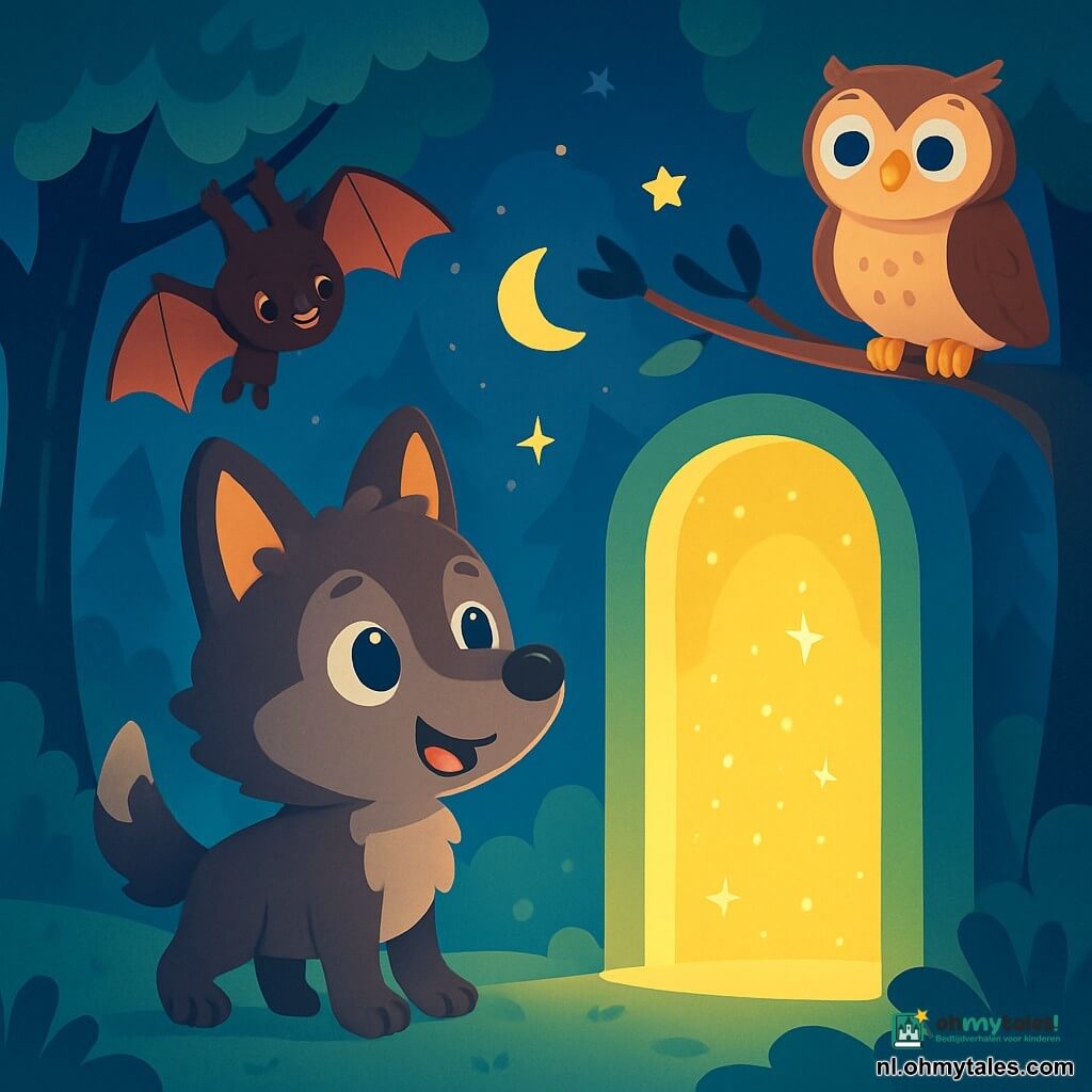 Een kleine wolf met glanzende ogen en zachte vacht, met een nieuwsgierige en blije uitdrukking, staat voor een schitterende lichtdeur in een donkere bos. Hij kijkt verwonderd naar de deur, met zijn oren rechtop en zijn staart kwispelend. Dichtbij hangt een kleine vleermuis met delicate vleugels en een ondeugende glimlach aan een tak, die de wolf met sprankelende ogen observeert. Ze lijkt opgewonden en klaar om te helpen. Een wijze uil met grote ronde ogen en zachte veren, die op een tak zit, kijkt vriendelijk naar de scène, met een kalme en bemoedigende uitdrukking. De scène speelt zich af in een betoverd bos, waar de bomen hoog en donker zijn, hun bladeren glinsteren onder het maanlicht. Sterren twinkelen aan de hemel en een lichte mist hangt over de grond, wat een magische en mysterieuze sfeer creëert. De kleine wolf is van plan de lichtdeur te sluiten, terwijl hij zachte woorden fluistert om de magie van de nacht te kalmeren, terwijl de vleermuis en de uil hem aanmoedigen met bewonderende blikken.