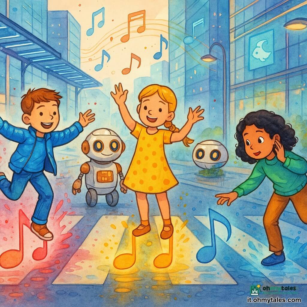 Ci sono quattro personaggi: Luca, ragazzo di 10 anni con capelli castano corti, giacca blu lucida e jeans, che salta su una nota luminosa a sinistra sorridendo; Emma, bambina di 10 anni con treccia bionda e vestito giallo a pois, al centro con i piedi su due note e le mani sollevate come a dirigere la melodia; Sofia, bambina di 10 anni con capelli neri ricci e maglione verde, a destra piegata ad ascoltare con una mano all'orecchio e l'altra verso una nota; e un piccolo robot di quartiere tondeggiante in metallo bianco e rame con occhi LED caldi che sta dietro i bambini sul marciapiede mostrando uno schermo che lampeggia dolcemente. Ambientazione: un attraversamento pedonale futuristico in una strada urbana dove le strisce sono note musicali luminose incastonate nell'asfalto che emettono aloni rosa, blu e gialli, grattacieli in vetro e metallo, pergolati sospesi con nastri LED, pannelli olografici di animali fluttuanti, lampioni sottili e curvi, suolo leggermente bagnato che riflette le luci e piccole piante in vasi metallici lungo il marciapiede. Situazione: i bambini attraversano facendo sì che ogni passo accenda una nota colorata e avvii una melodia, i colori pulsano a ogni passo; atmosfera vivace e calorosa, risate e movimenti ritmici, bagliori che disegnano onde musicali nell'aria, stile a inchiostro colorato con tratti netti, contrasti luminosi e texture acquerellate per i riflessi.