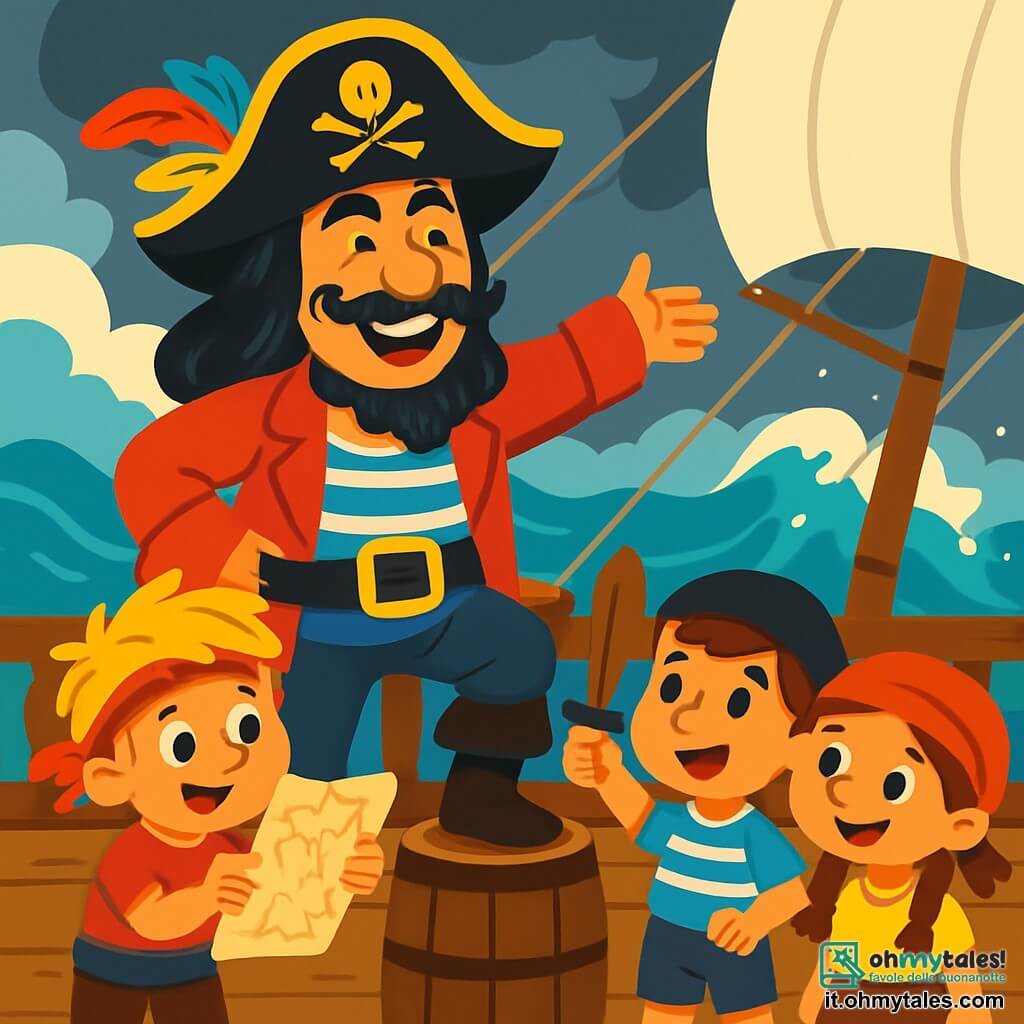 Un grande capitano pirata, un uomo dal volto segnato e con lunghi capelli neri, si trova su una botte di legno, sorridendo con occhi scintillanti di avventura. Indossa un cappello da pirata decorato con piume colorate e una camicia a righe, mentre i suoi baffi ondeggiano al vento. Accanto a lui, tre piccoli pirati, due ragazzi e una ragazza di circa 8 anni, ascoltano attentamente. Il primo ragazzo, con capelli biondi arruffati, indossa un bandana rosso e tiene una mappa del tesoro. Il secondo ragazzo, con capelli castani, gioca con una piccola spada di legno, mentre la ragazza, con trecce e un sorriso birichino, guarda il capitano con ammirazione. La scena si svolge sul ponte di una vecchia nave pirata, con vele bianche che sventolano al vento e onde tumultuose che si infrangono contro lo scafo. Il cielo è scuro, pieno di nuvole minacciose, ma una luce di speranza brilla all'orizzonte. La situazione principale mostra il capitano che racconta con entusiasmo come ha affrontato una tempesta, mentre i bambini, affascinati, immaginano le proprie avventure.